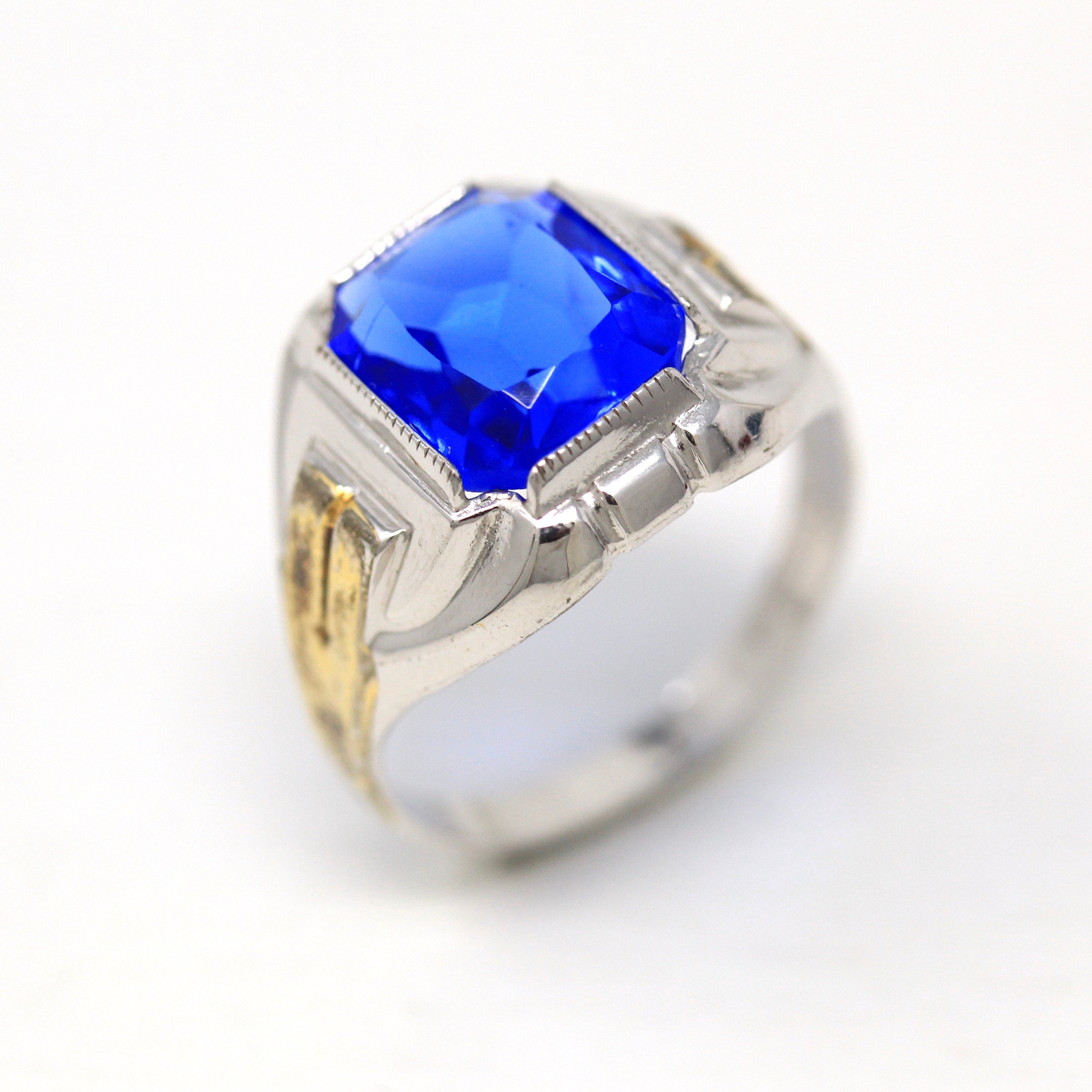 Art Deco Ring - Vintage Sterling Silver Emerald Cut Simulated Sapphire Blue Glass Stone - Circa 1930s Era Size 10 1/2 Ostby & Barton Jewelry