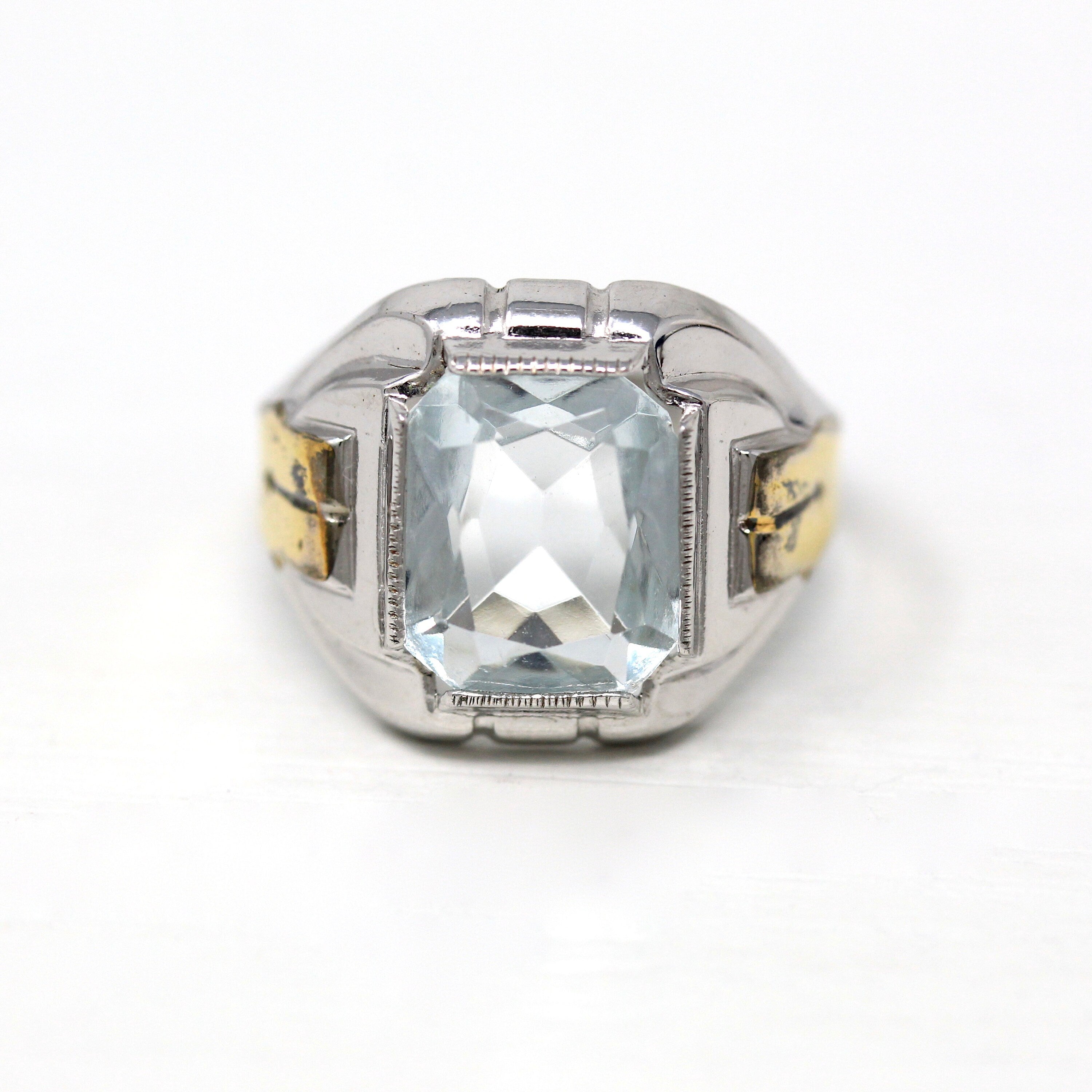 Art Deco Ring - Vintage Sterling Silver Emerald Cut Simulated Aquamarine Blue Glass Stone - Circa 1930s Era Size 9 Ostby & Barton OB Jewelry