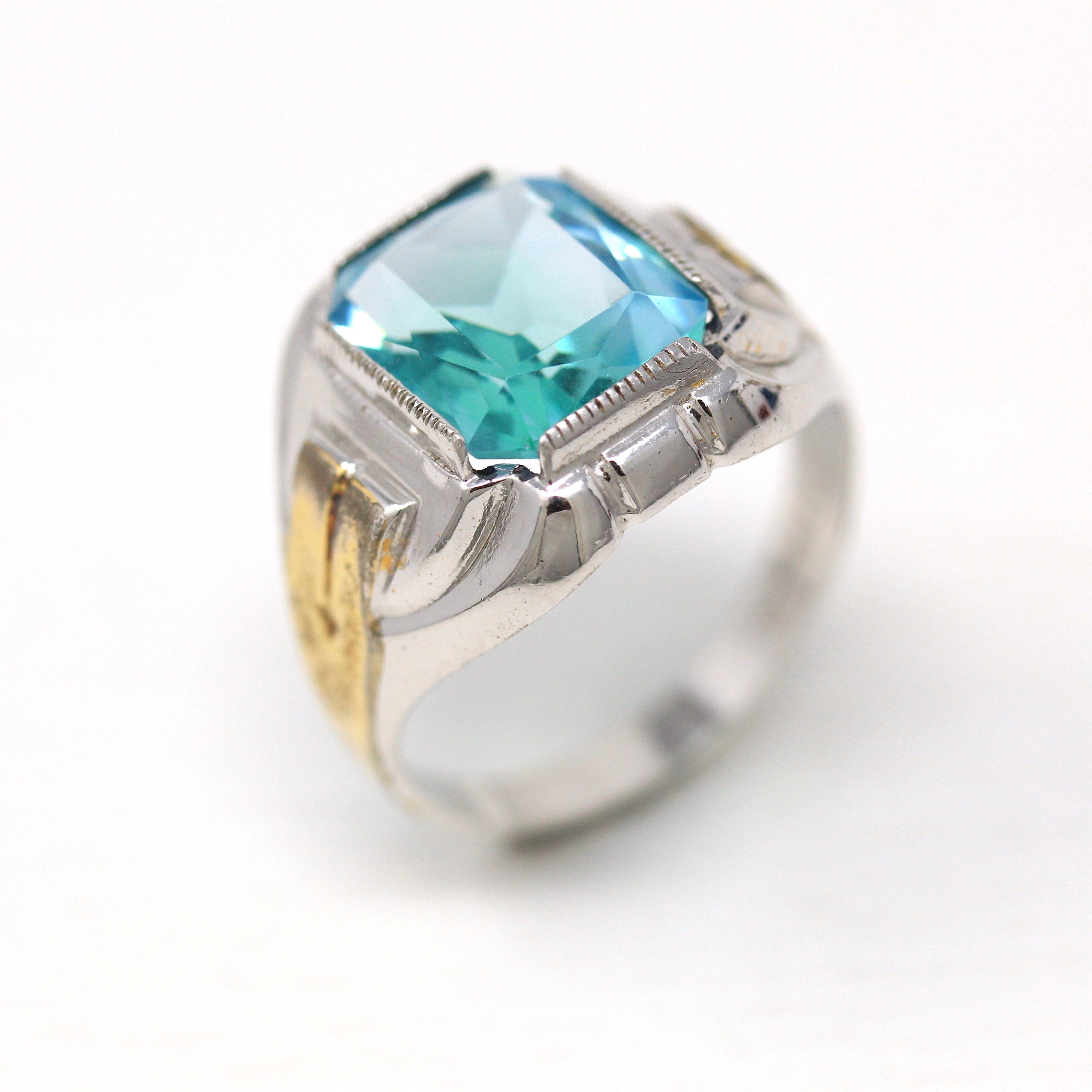 Art Deco Ring - Vintage Sterling Silver Emerald Cut Seafoam Green Teal Blue Glass Stone - Circa 1930s Era Size 8 1/2 Ostby & Barton Jewelry