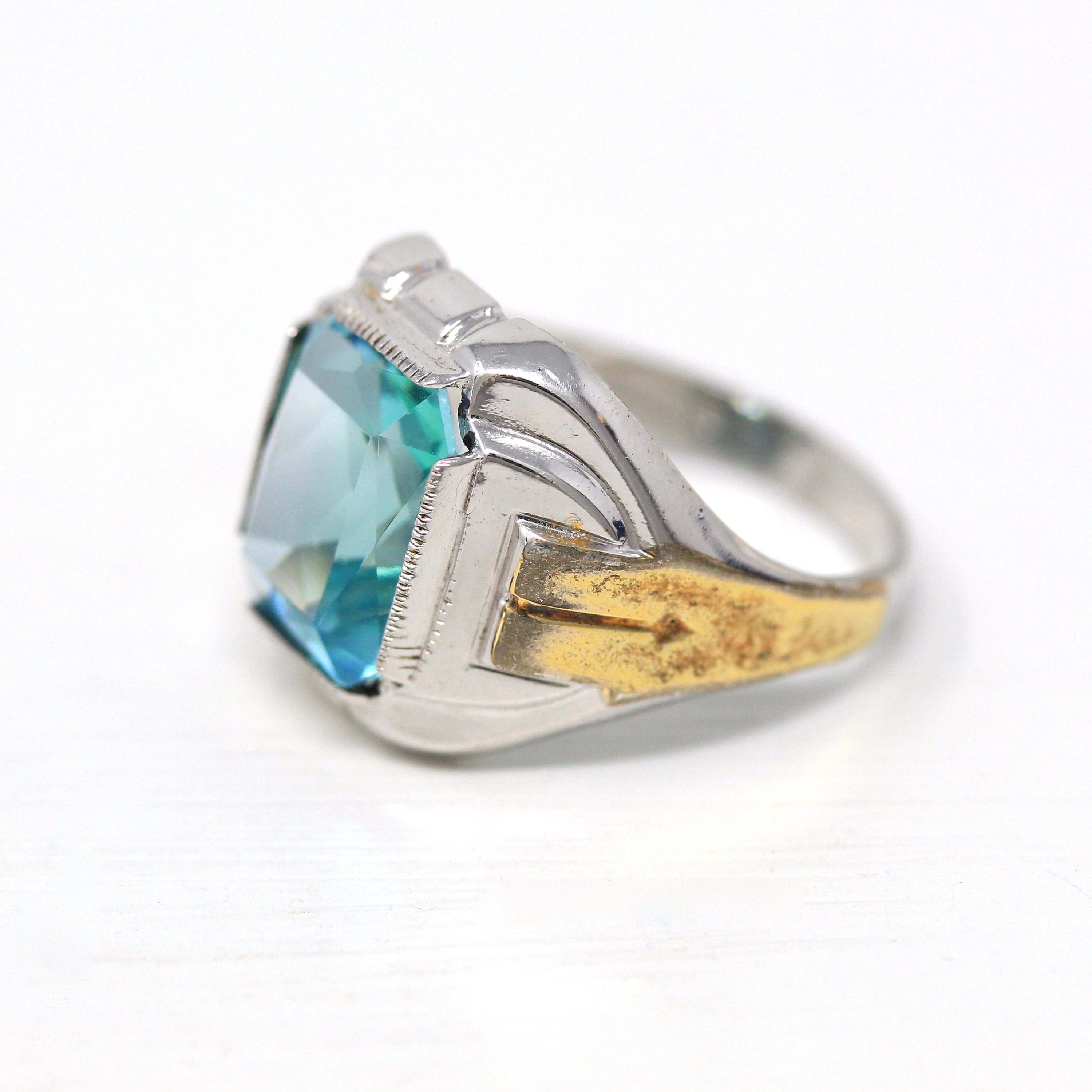 Art Deco Ring - Vintage Sterling Silver Emerald Cut Seafoam Green Teal Blue Glass Stone - Circa 1930s Era Size 8 1/2 Ostby & Barton Jewelry