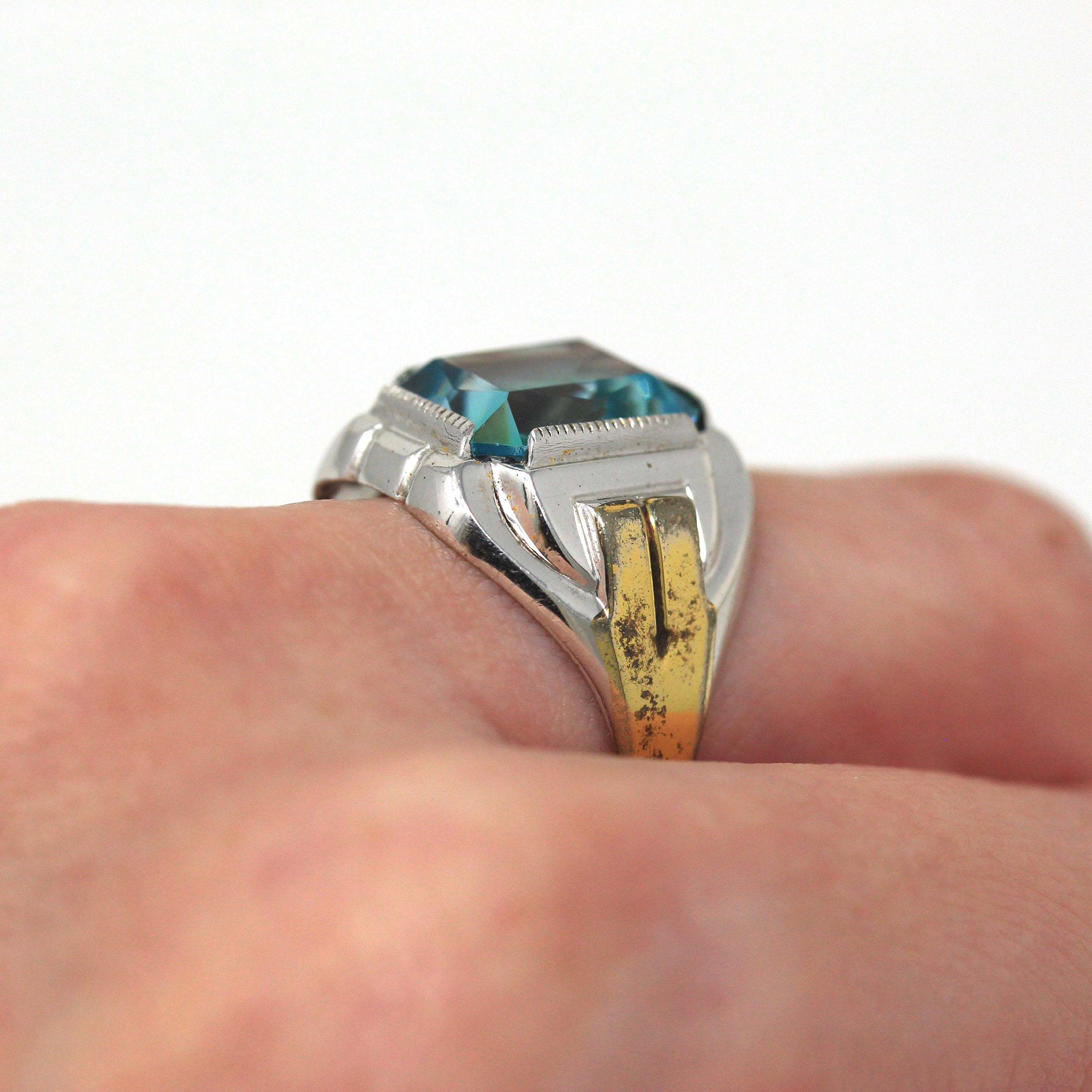 Art Deco Ring - Vintage Sterling Silver Emerald Cut Seafoam Green Teal Blue Glass Stone - Circa 1930s Era Size 8 1/2 Ostby & Barton Jewelry