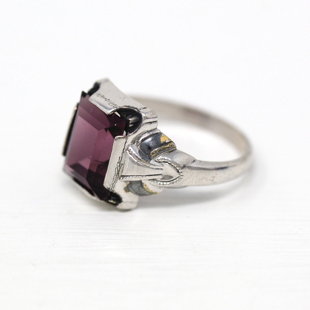 Art Deco Ring - Vintage Sterling Silver Emerald Cut Simulated Amethyst Purple Glass Stone - Circa 1930s Size 5 3/4 Ostby Barton OB Jewelry