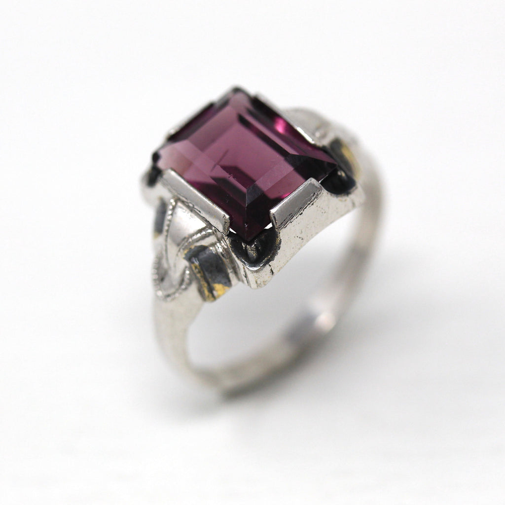 Art Deco Ring - Vintage Sterling Silver Emerald Cut Simulated Amethyst Purple Glass Stone - Circa 1930s Size 5 3/4 Ostby Barton OB Jewelry