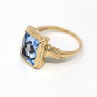 Created Spinel Ring - Retro Era 10k Yellow Gold Rectangular Faceted 3.24 CT Blue Stone - Vintage 1940s Era Size 6 Statement Cocktail Jewelry