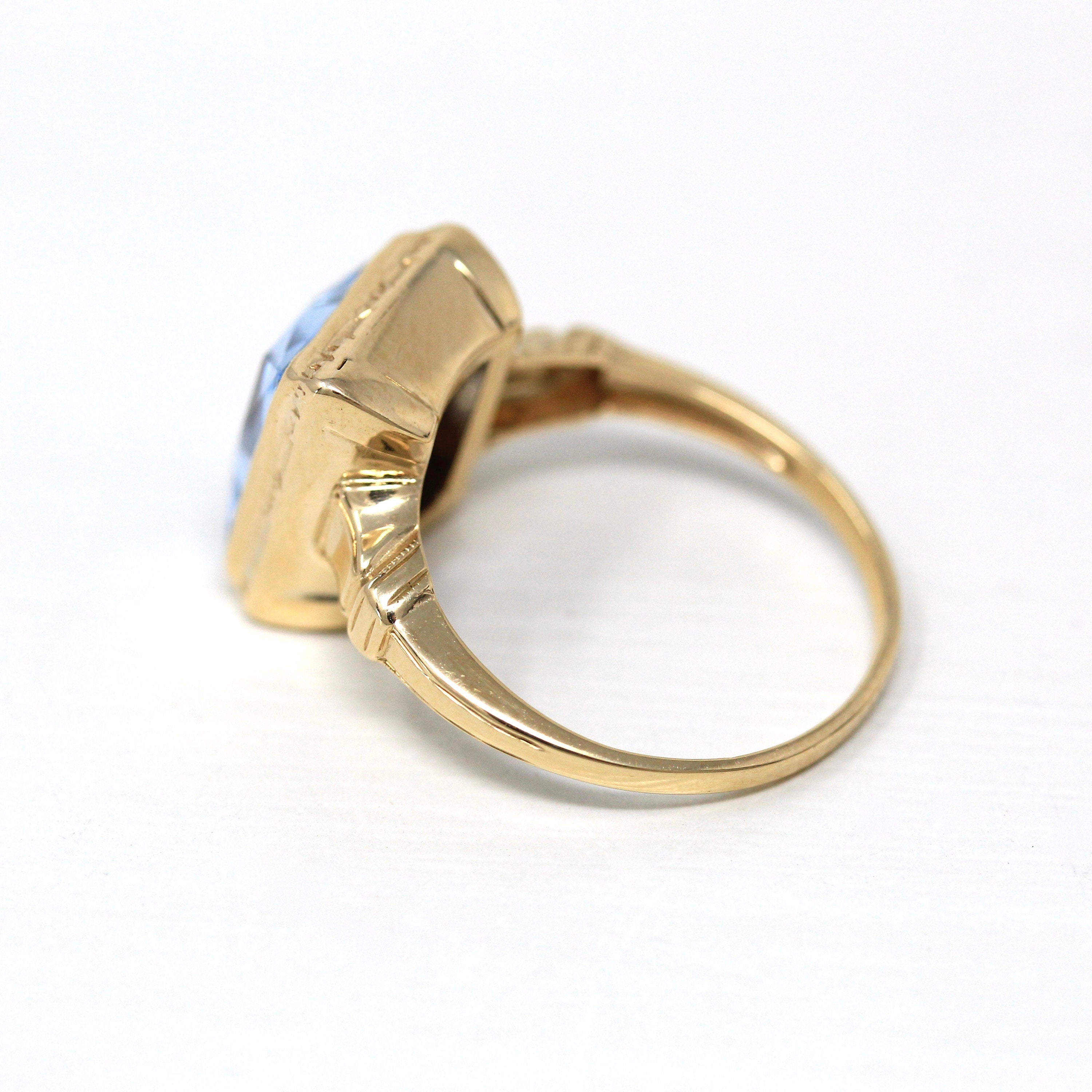 Created Spinel Ring - Retro Era 10k Yellow Gold Rectangular Faceted 3.24 CT Blue Stone - Vintage 1940s Era Size 6 Statement Cocktail Jewelry