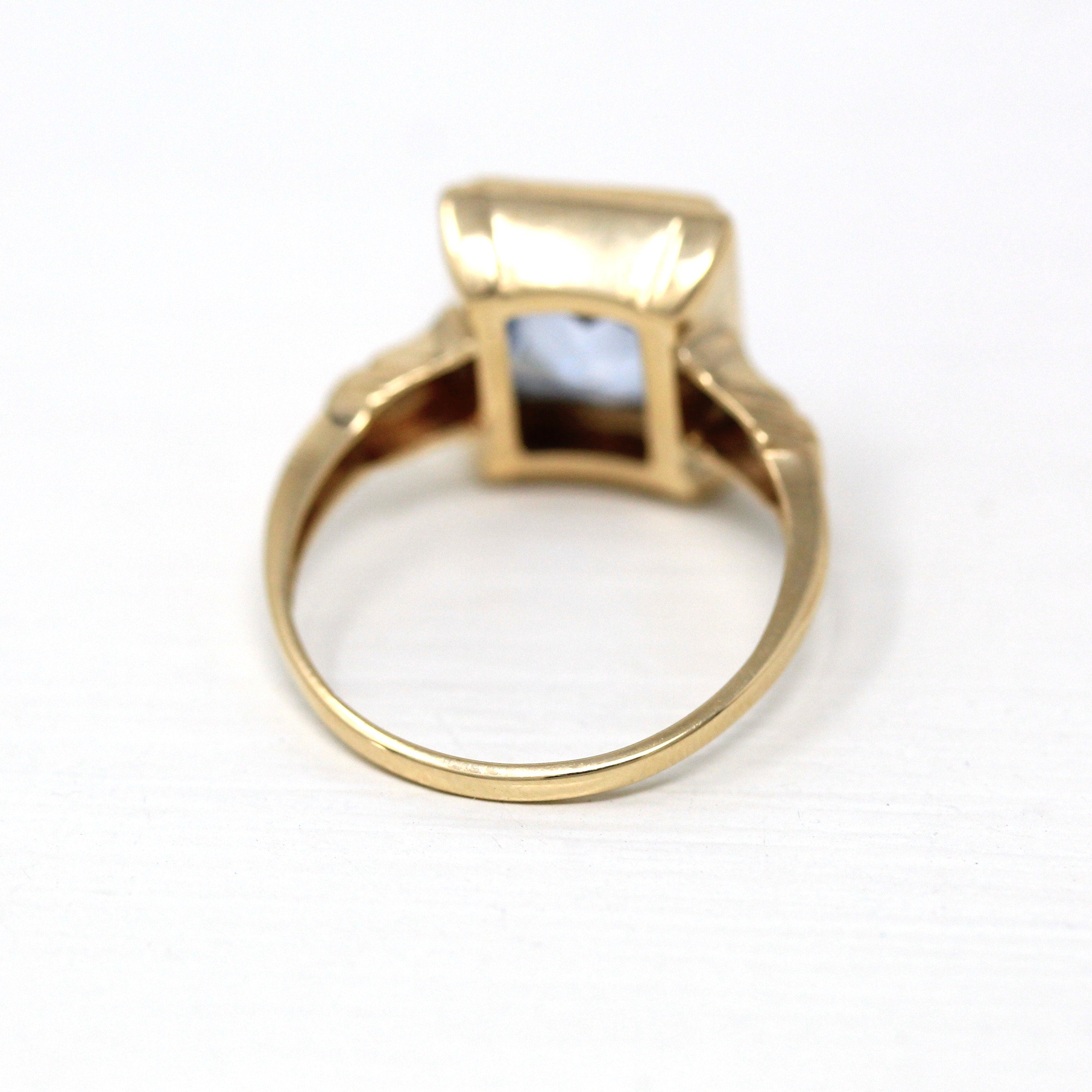 Created Spinel Ring - Retro Era 10k Yellow Gold Rectangular Faceted 3.24 CT Blue Stone - Vintage 1940s Era Size 6 Statement Cocktail Jewelry