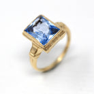 Created Spinel Ring - Retro Era 10k Yellow Gold Rectangular Faceted 3.24 CT Blue Stone - Vintage 1940s Era Size 6 Statement Cocktail Jewelry