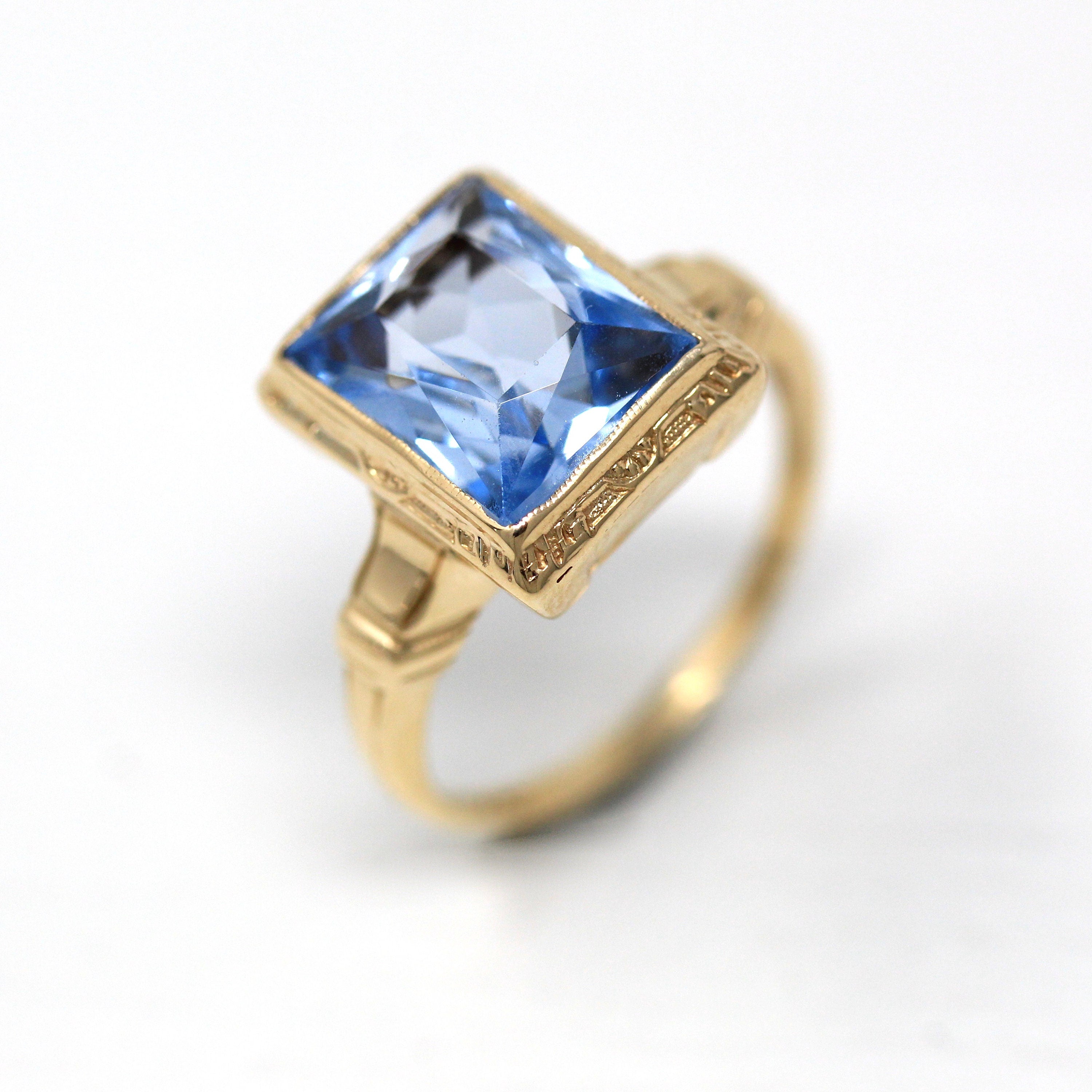 Created Spinel Ring - Retro Era 10k Yellow Gold Rectangular Faceted 3.24 CT Blue Stone - Vintage 1940s Era Size 6 Statement Cocktail Jewelry