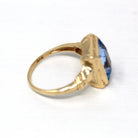 Created Spinel Ring - Retro Era 10k Yellow Gold Rectangular Faceted 3.24 CT Blue Stone - Vintage 1940s Era Size 6 Statement Cocktail Jewelry