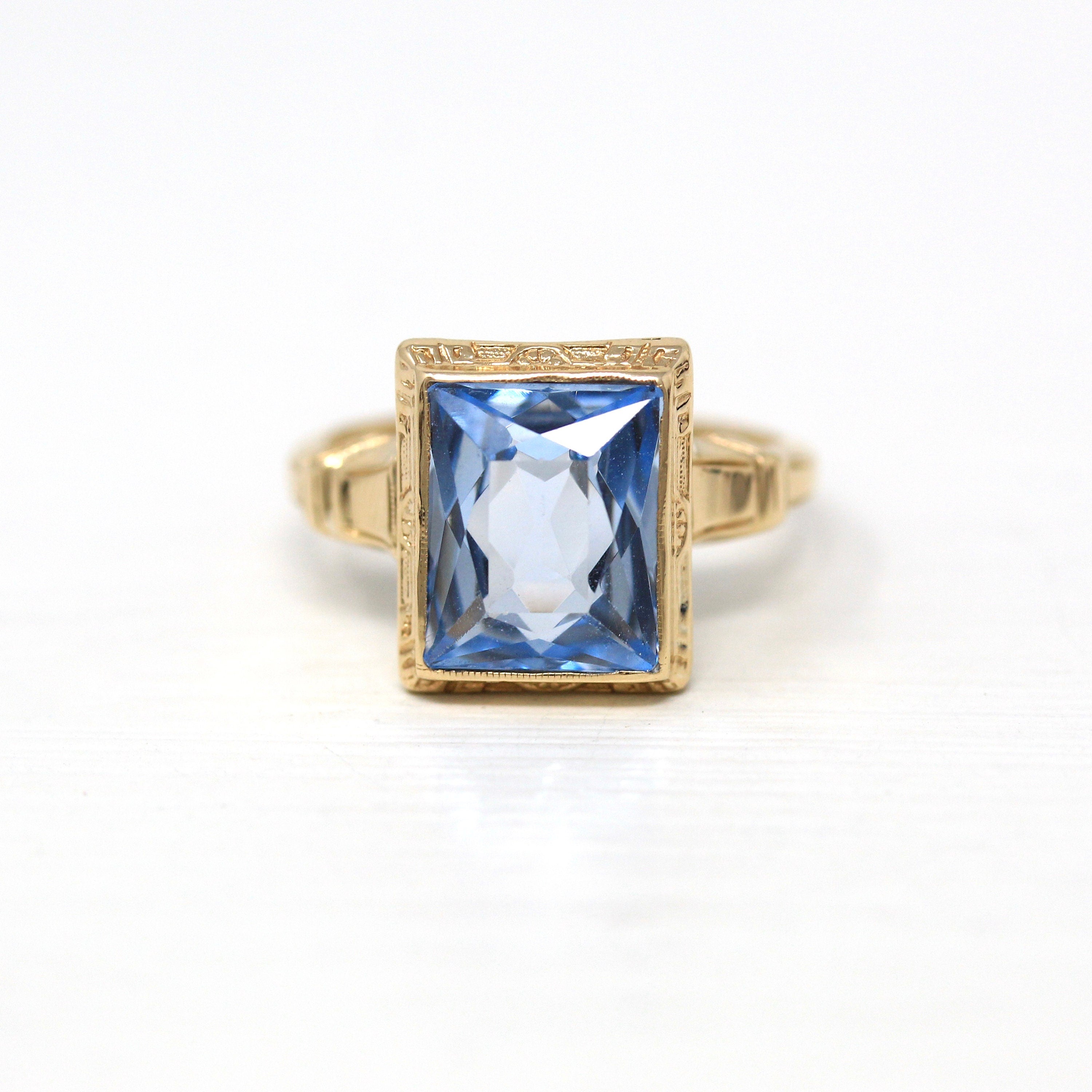 Created Spinel Ring - Retro Era 10k Yellow Gold Rectangular Faceted 3.24 CT Blue Stone - Vintage 1940s Era Size 6 Statement Cocktail Jewelry