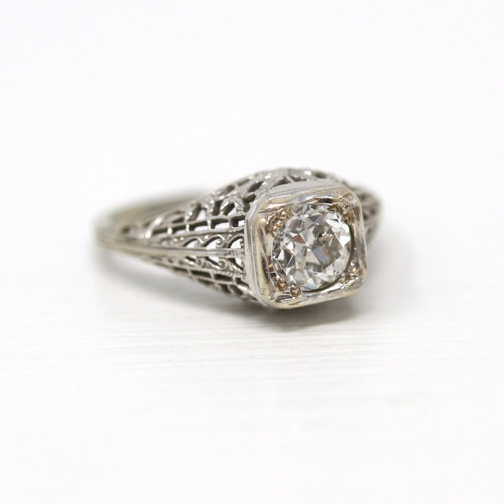 Art Deco Engagement Ring - Vintage 18k White Gold Old European 0.86 CT Diamond - 1930s Size 6 Flower Bird Filigree Report Fine Jewelry