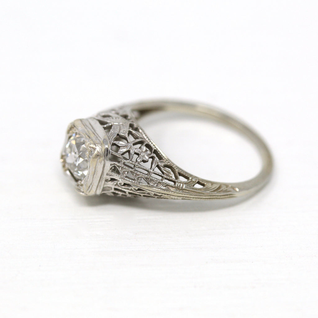 Art Deco Engagement Ring - Vintage 18k White Gold Old European 0.86 CT Diamond - 1930s Size 6 Flower Bird Filigree Report Fine Jewelry