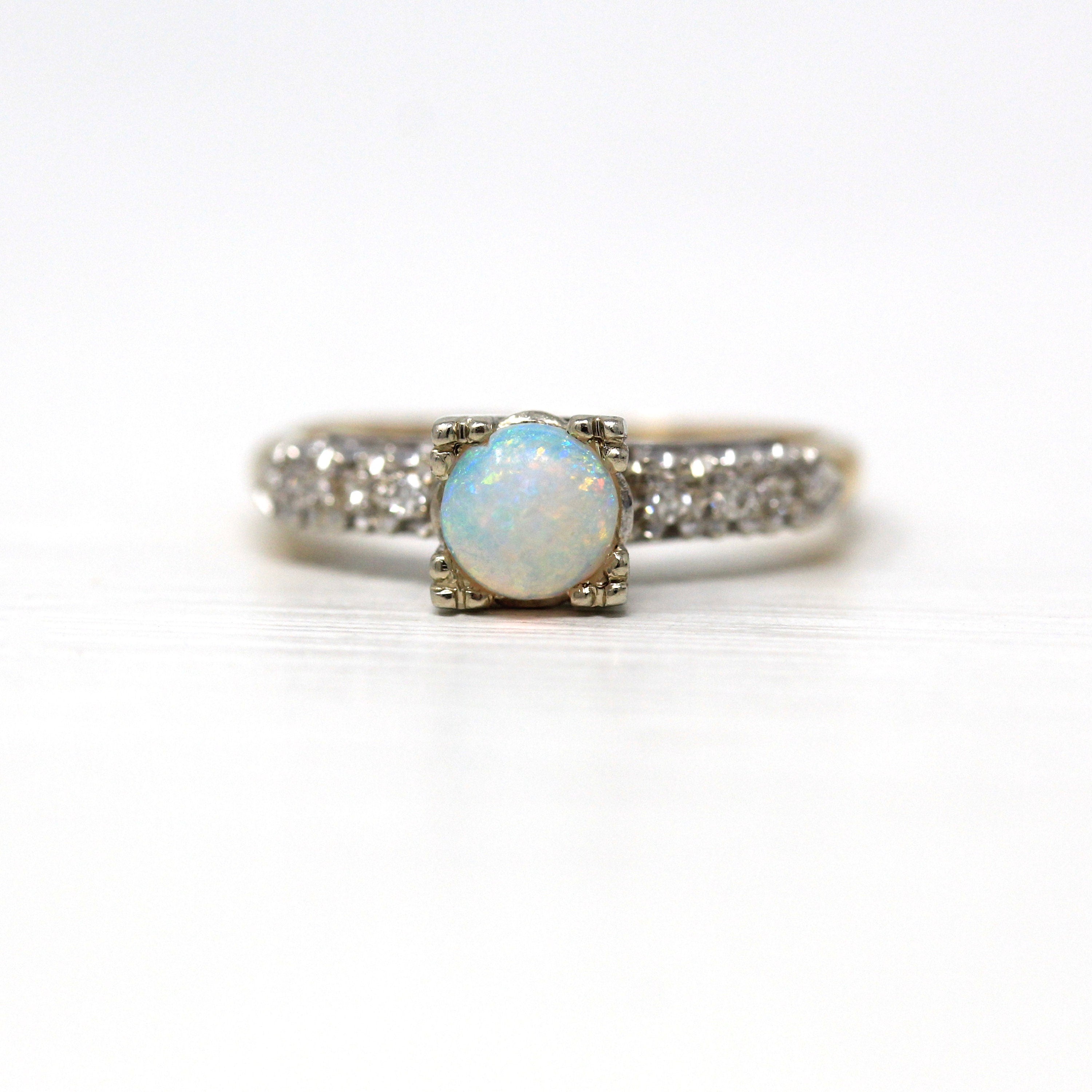 Retro Opal Ring - Vintage 14k Yellow & White Gold Genuine .43 CT Round Cabochon Gemstone - Vintage Circa 1940s Size 6 Two Tone Fine Jewelry