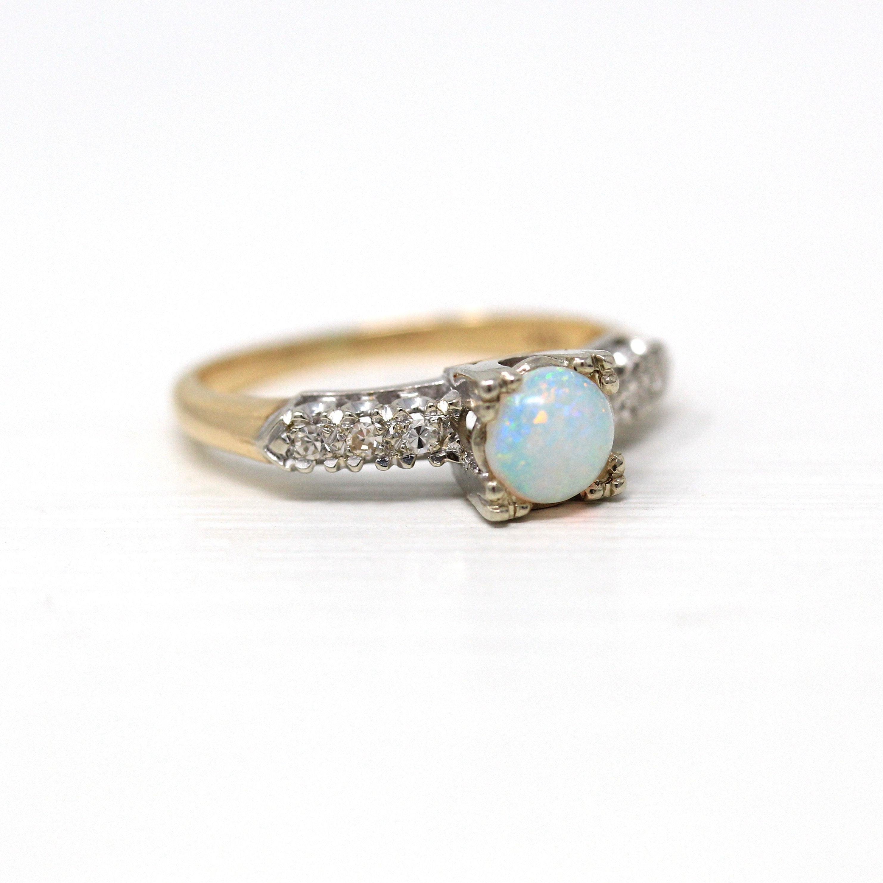 Retro Opal Ring - Vintage 14k Yellow & White Gold Genuine .43 CT Round Cabochon Gemstone - Vintage Circa 1940s Size 6 Two Tone Fine Jewelry