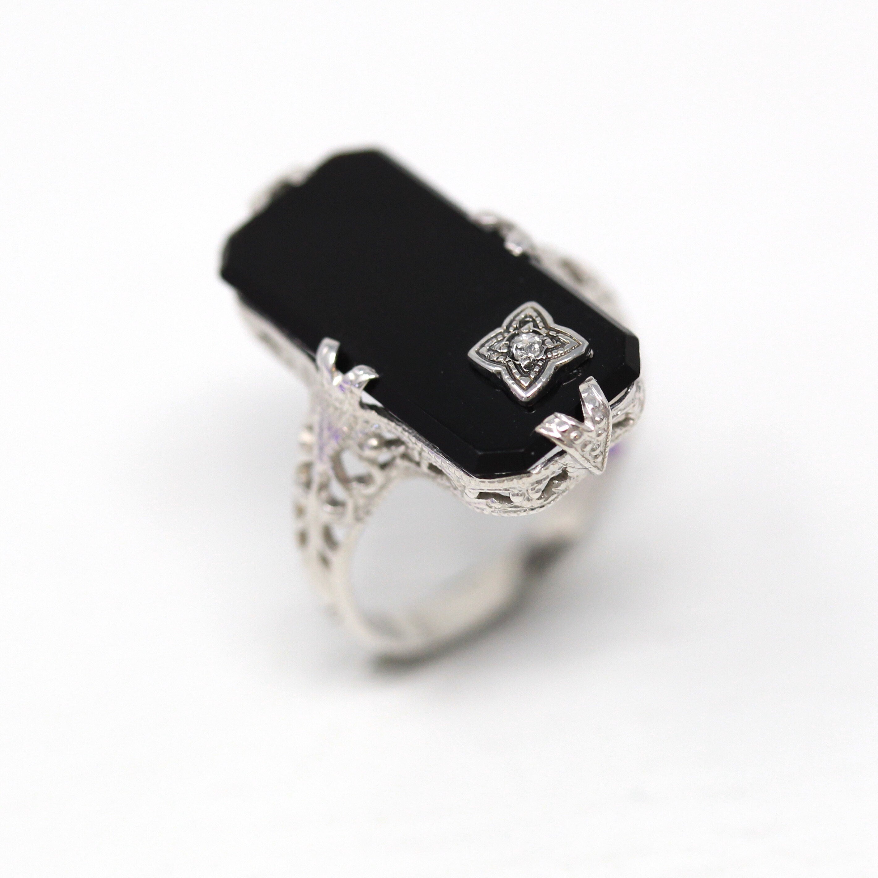 Onyx & Diamond Ring - Art Deco Era 14k White Gold Genuine .01 CT Gemstone Filigree - Vintage Circa 1920s Size 3 3/4 Milgrain Fine Jewelry