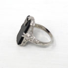 Onyx & Diamond Ring - Art Deco Era 14k White Gold Genuine .01 CT Gemstone Filigree - Vintage Circa 1920s Size 3 3/4 Milgrain Fine Jewelry