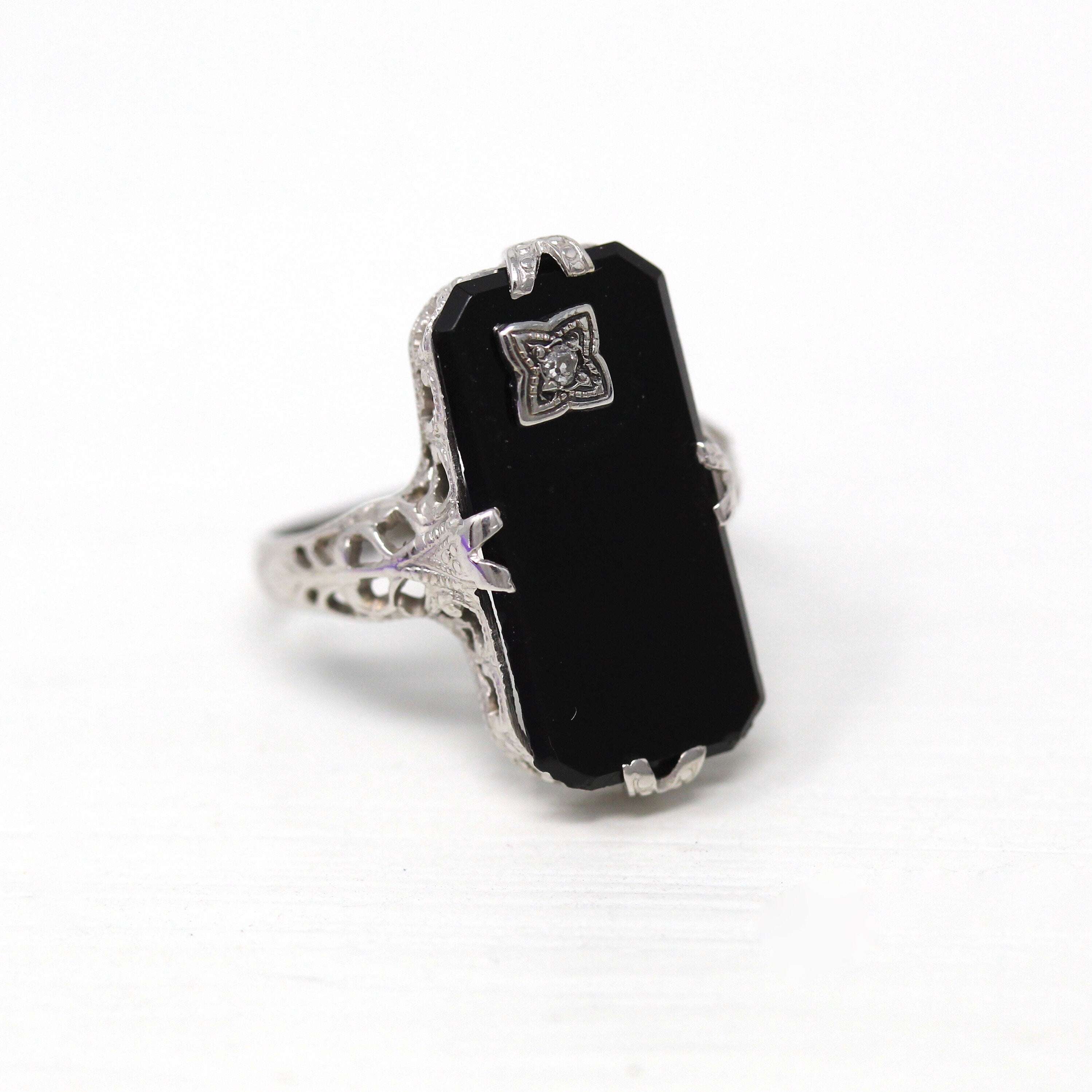 Onyx & Diamond Ring - Art Deco Era 14k White Gold Genuine .01 CT Gemstone Filigree - Vintage Circa 1920s Size 3 3/4 Milgrain Fine Jewelry