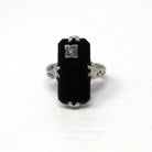 Onyx & Diamond Ring - Art Deco Era 14k White Gold Genuine .01 CT Gemstone Filigree - Vintage Circa 1920s Size 3 3/4 Milgrain Fine Jewelry