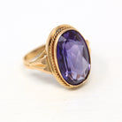 Created Color Change Sapphire Ring - Retro Era 14k Yellow Gold Purple Pink 14.3 CT Stone - Circa 1960s Era Size 10 Fine Statement Jewelry