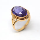 Created Color Change Sapphire Ring - Retro Era 14k Yellow Gold Purple Pink 14.3 CT Stone - Circa 1960s Era Size 10 Fine Statement Jewelry