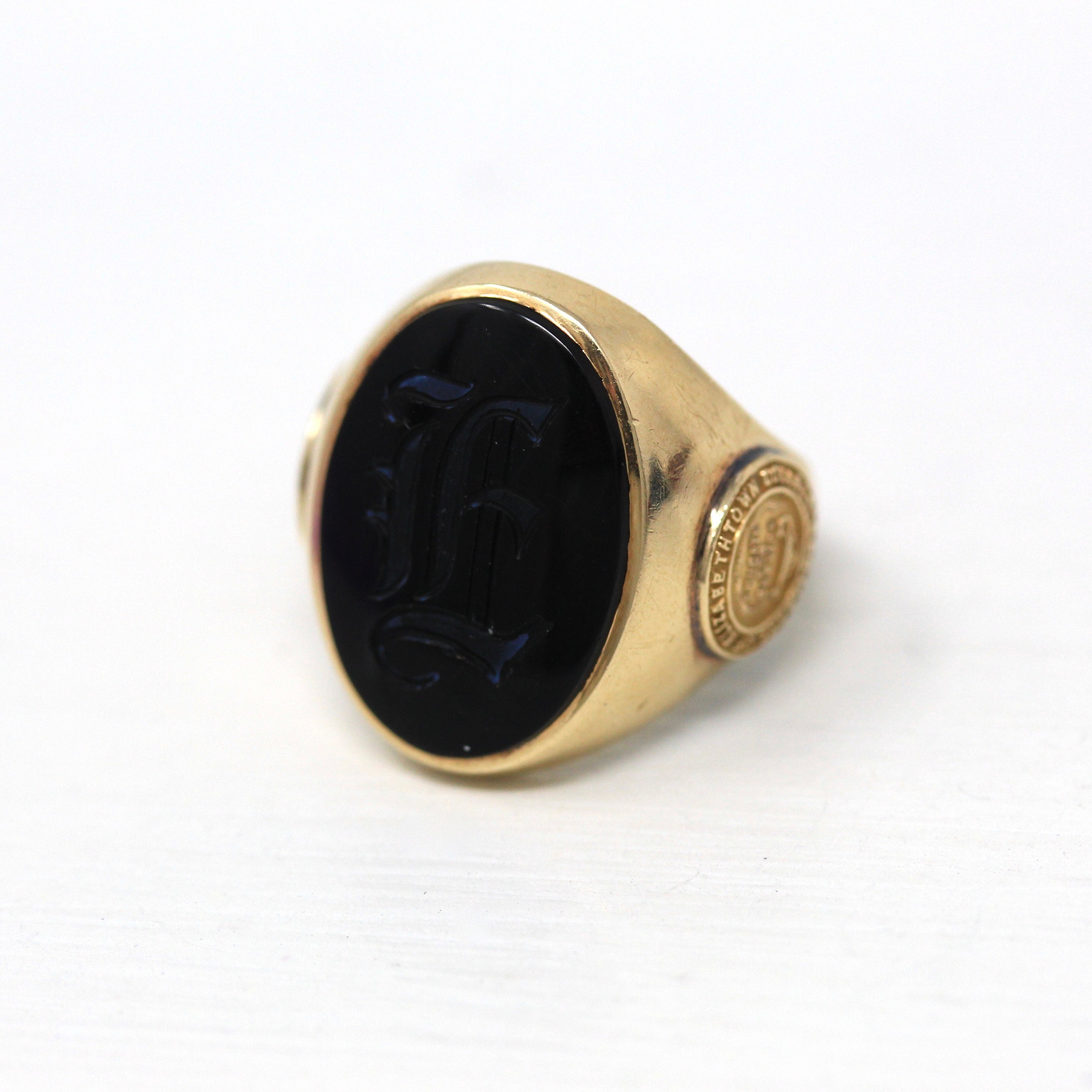 1936 Class Ring - Art Deco 10k Yellow Gold Elizabethtown College Signet - Vintage Carved Initial E Genuine Black Onyx Statement Fine Jewelry