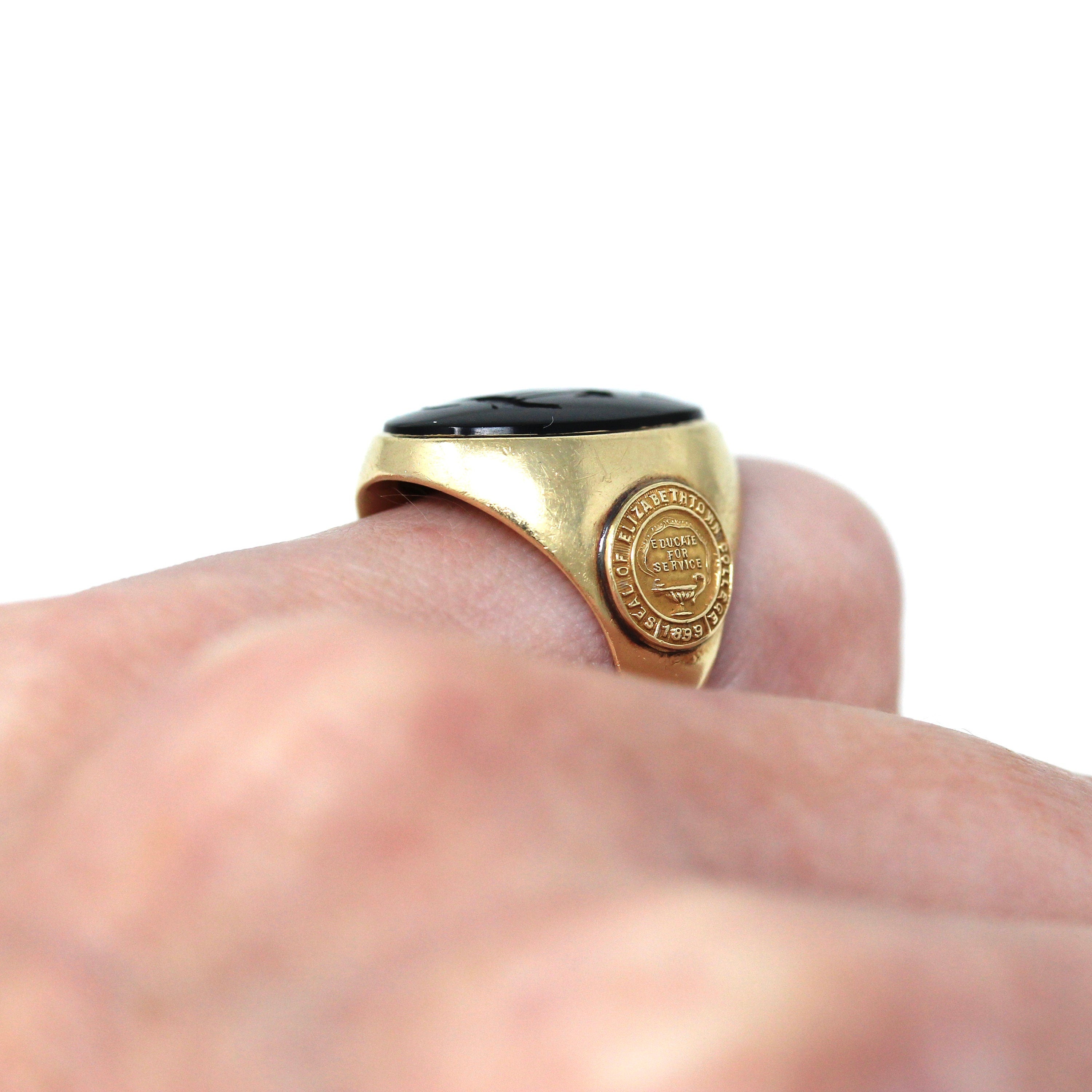 1936 Class Ring - Art Deco 10k Yellow Gold Elizabethtown College Signet - Vintage Carved Initial E Genuine Black Onyx Statement Fine Jewelry