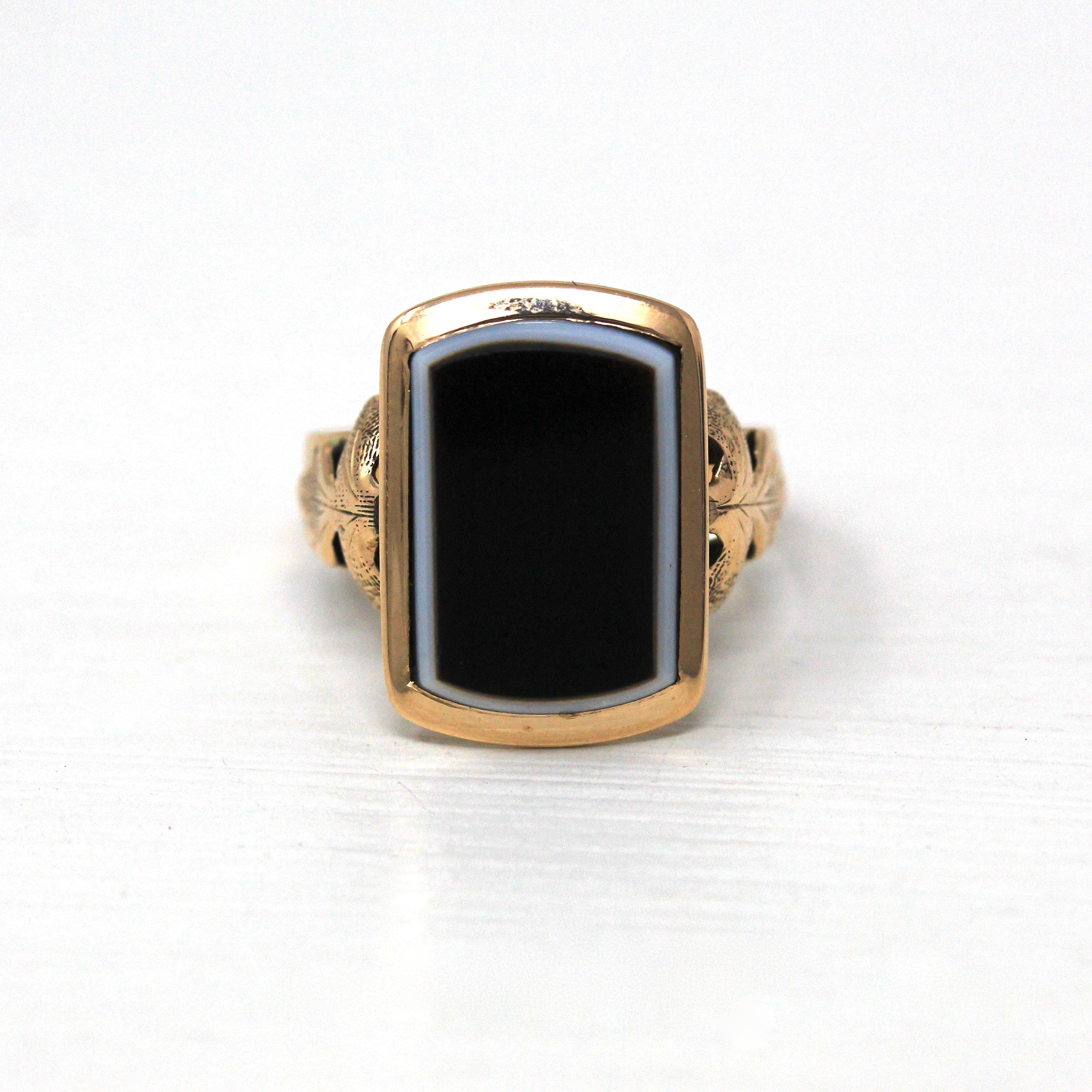 Genuine Onyx Ring - Victorian Era 10k Yellow Gold Genuine Black & White Gemstone - Antique Circa 1890s Size 5.75 Statement Gem Fine Jewelry