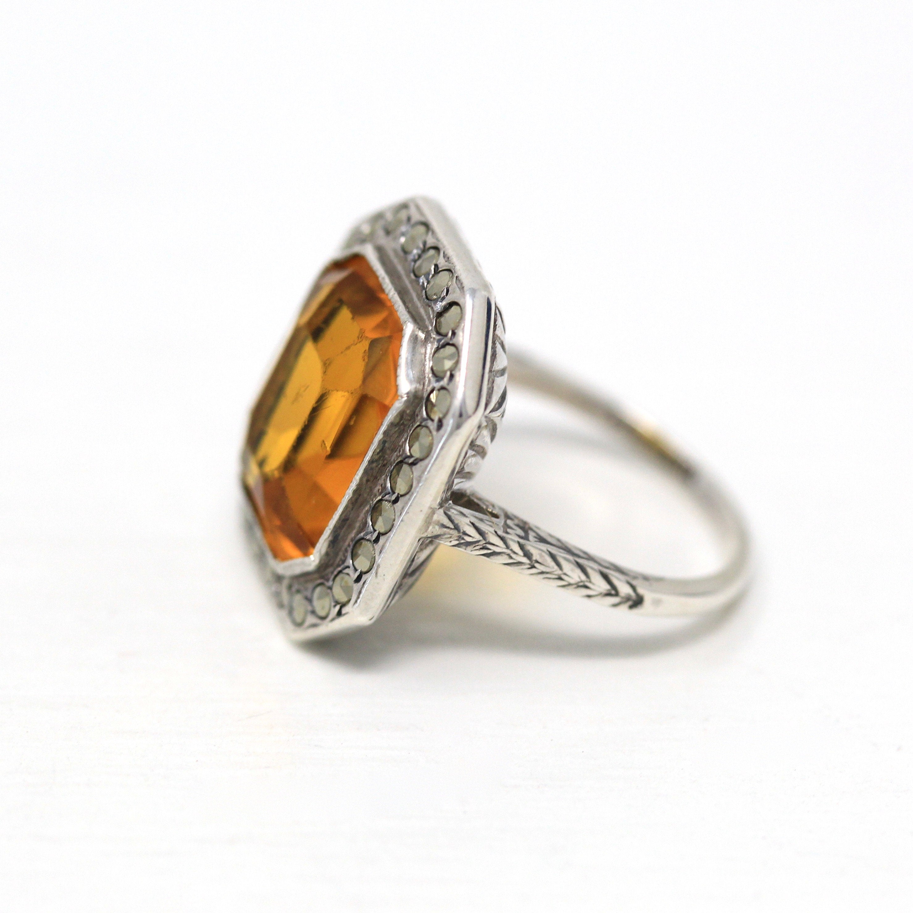 Art Deco Ring - Vintage Sterling Silver Orange Glass Genuine Marcasite - 1930s Era Size 5 Simulated Citrine Shield Style Flapper Jewelry