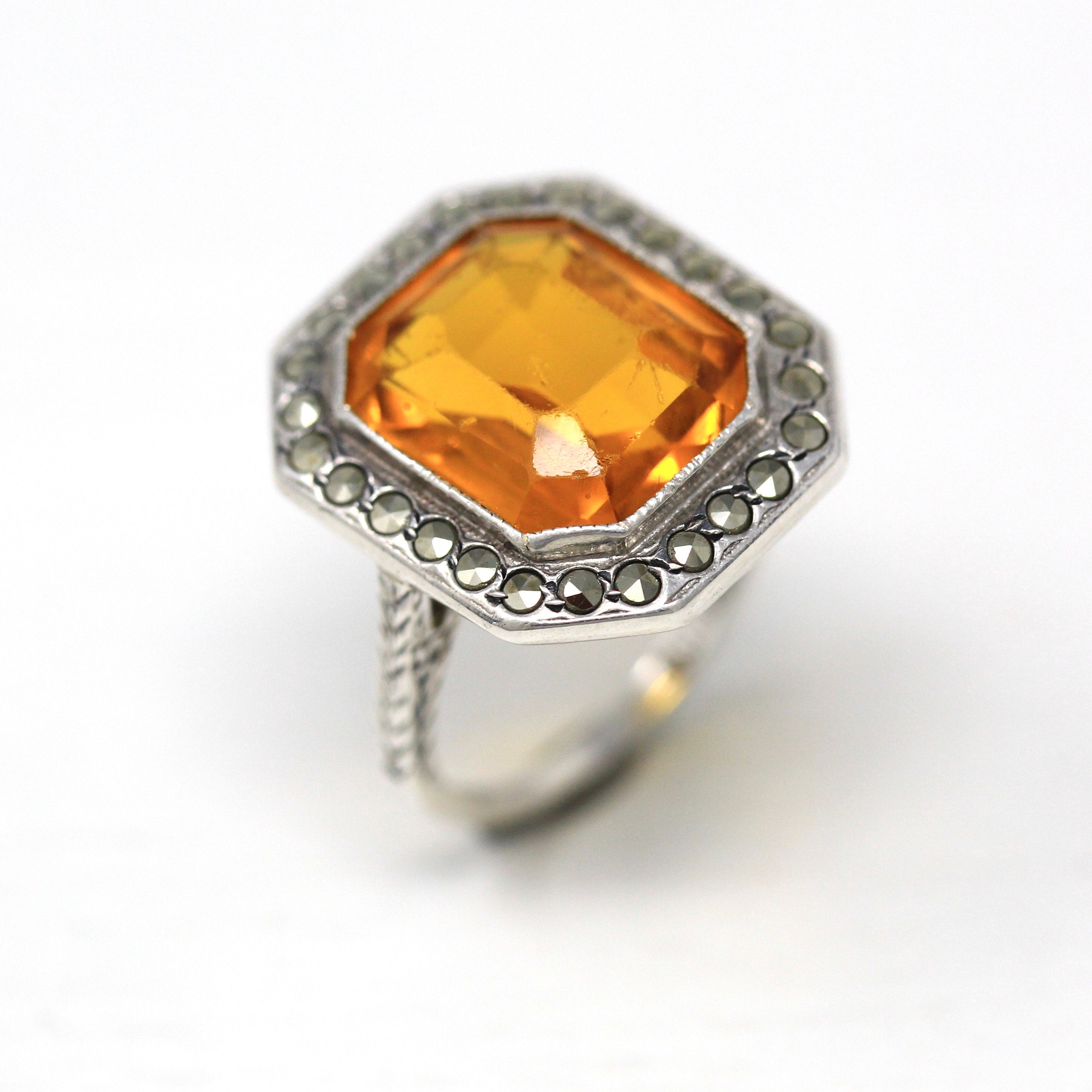 Art Deco Ring - Vintage Sterling Silver Orange Glass Genuine Marcasite - 1930s Era Size 5 Simulated Citrine Shield Style Flapper Jewelry