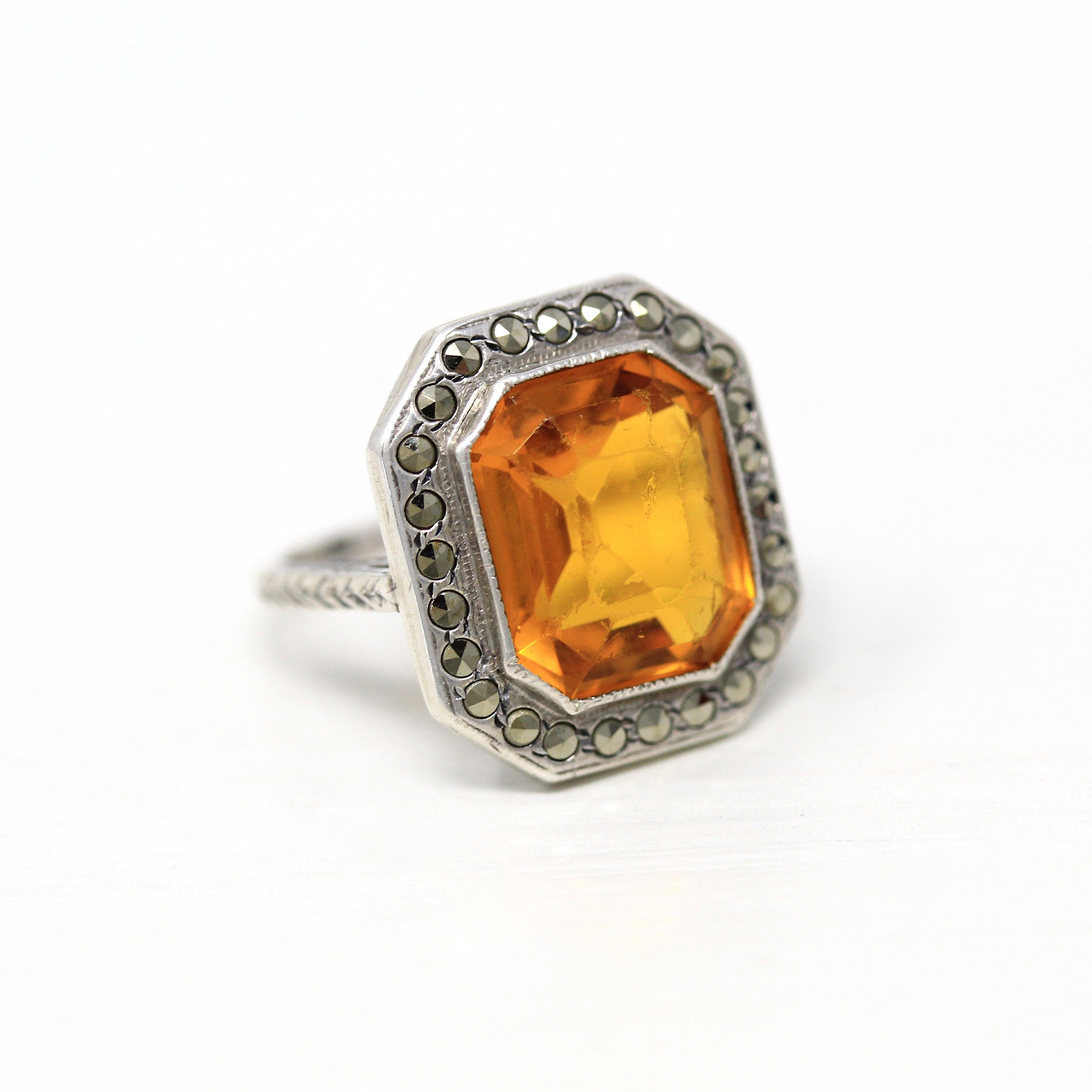 Art Deco Ring - Vintage Sterling Silver Orange Glass Genuine Marcasite - 1930s Era Size 5 Simulated Citrine Shield Style Flapper Jewelry