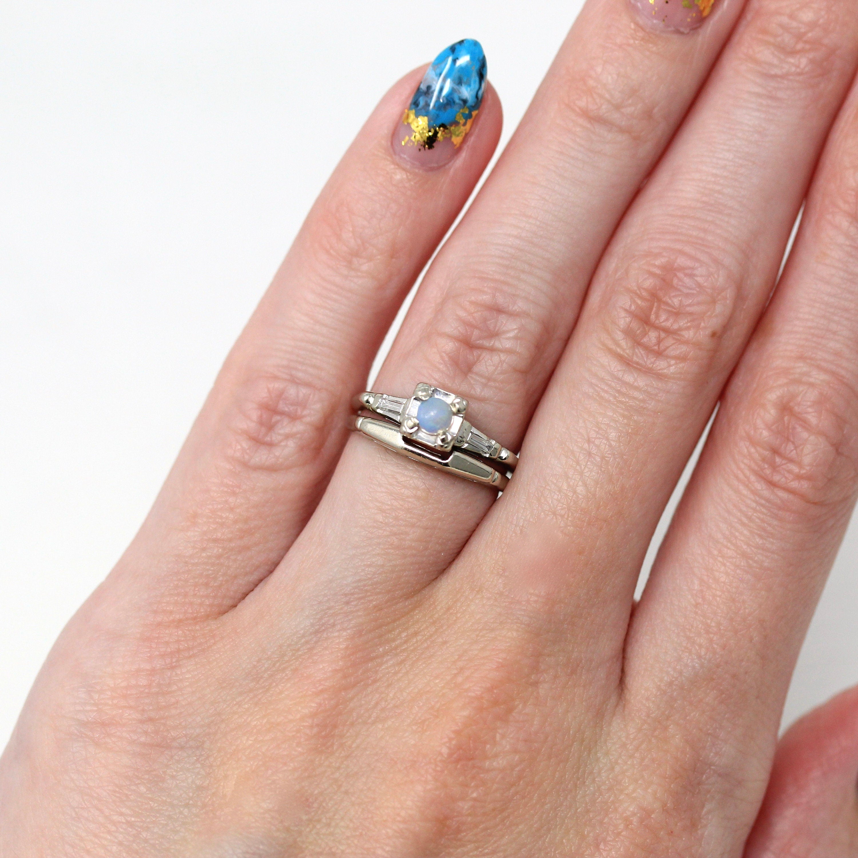 Sale Wedding Ring Set Mid Century 14k White Gold Genuine Opal Di MJV