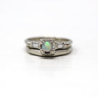 Wedding Ring Set - Mid Century 14k White Gold Genuine Opal & Diamonds - Vintage Circa 1950s Era Size 4 1/2 Engagement Baguette Cut Jewelry