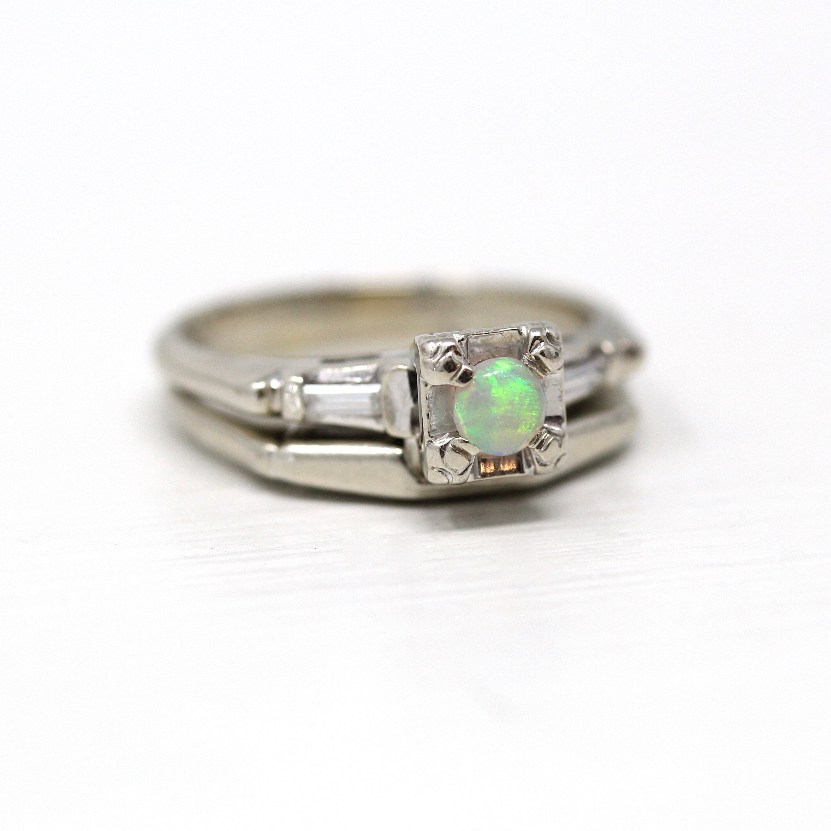 Wedding Ring Set - Mid Century 14k White Gold Genuine Opal & Diamonds - Vintage Circa 1950s Era Size 4 1/2 Engagement Baguette Cut Jewelry