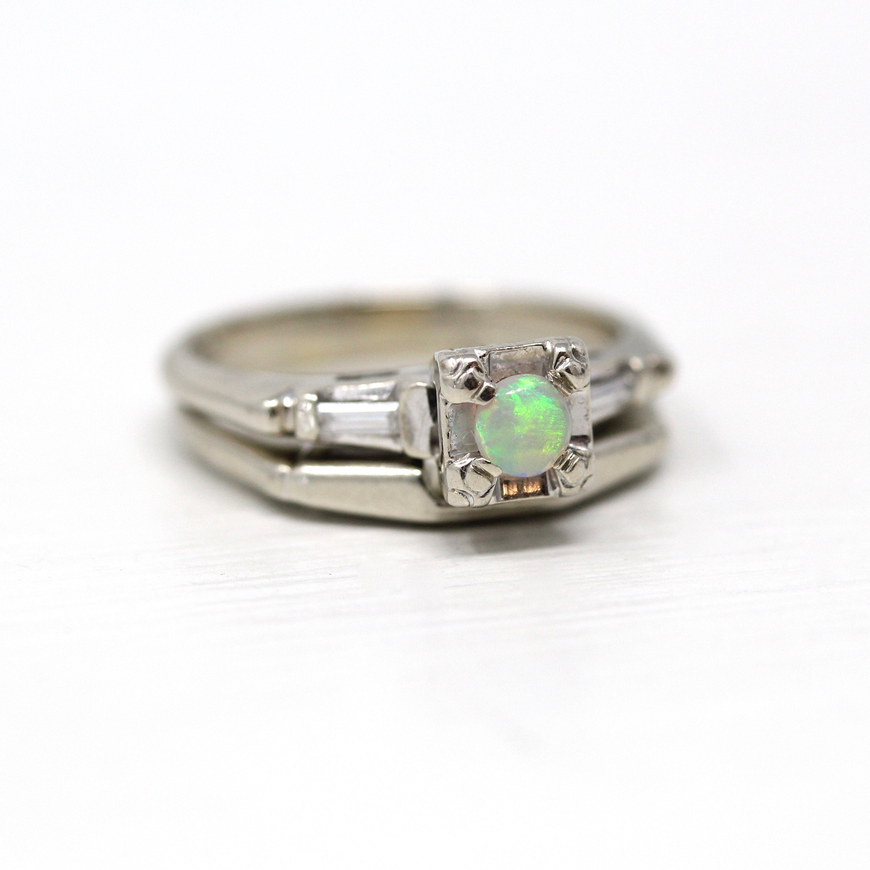 Wedding Ring Set - Mid Century 14k White Gold Genuine Opal & Diamonds - Vintage Circa 1950s Era Size 4 1/2 Engagement Baguette Cut Jewelry