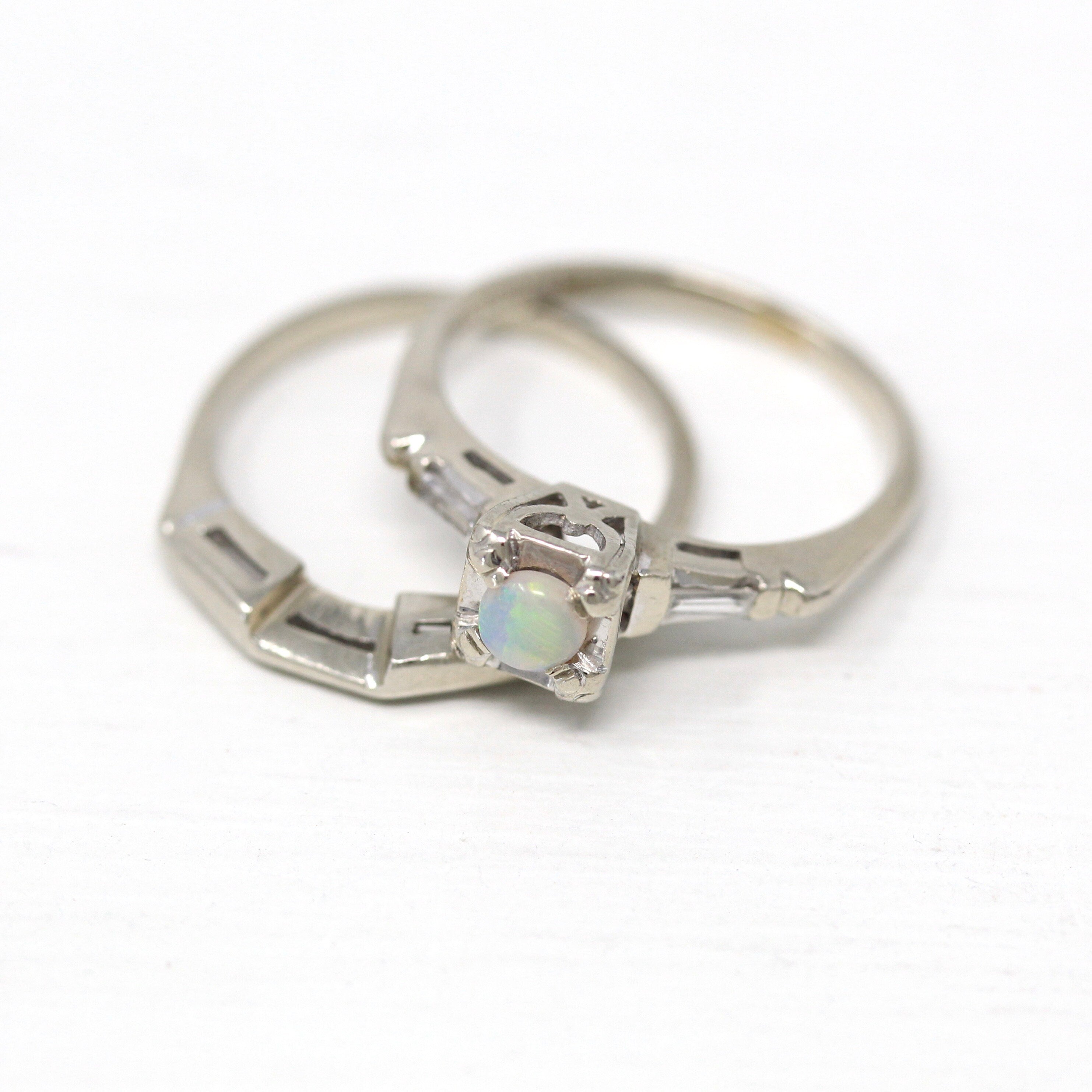 Wedding Ring Set - Mid Century 14k White Gold Genuine Opal & Diamonds - Vintage Circa 1950s Era Size 4 1/2 Engagement Baguette Cut Jewelry