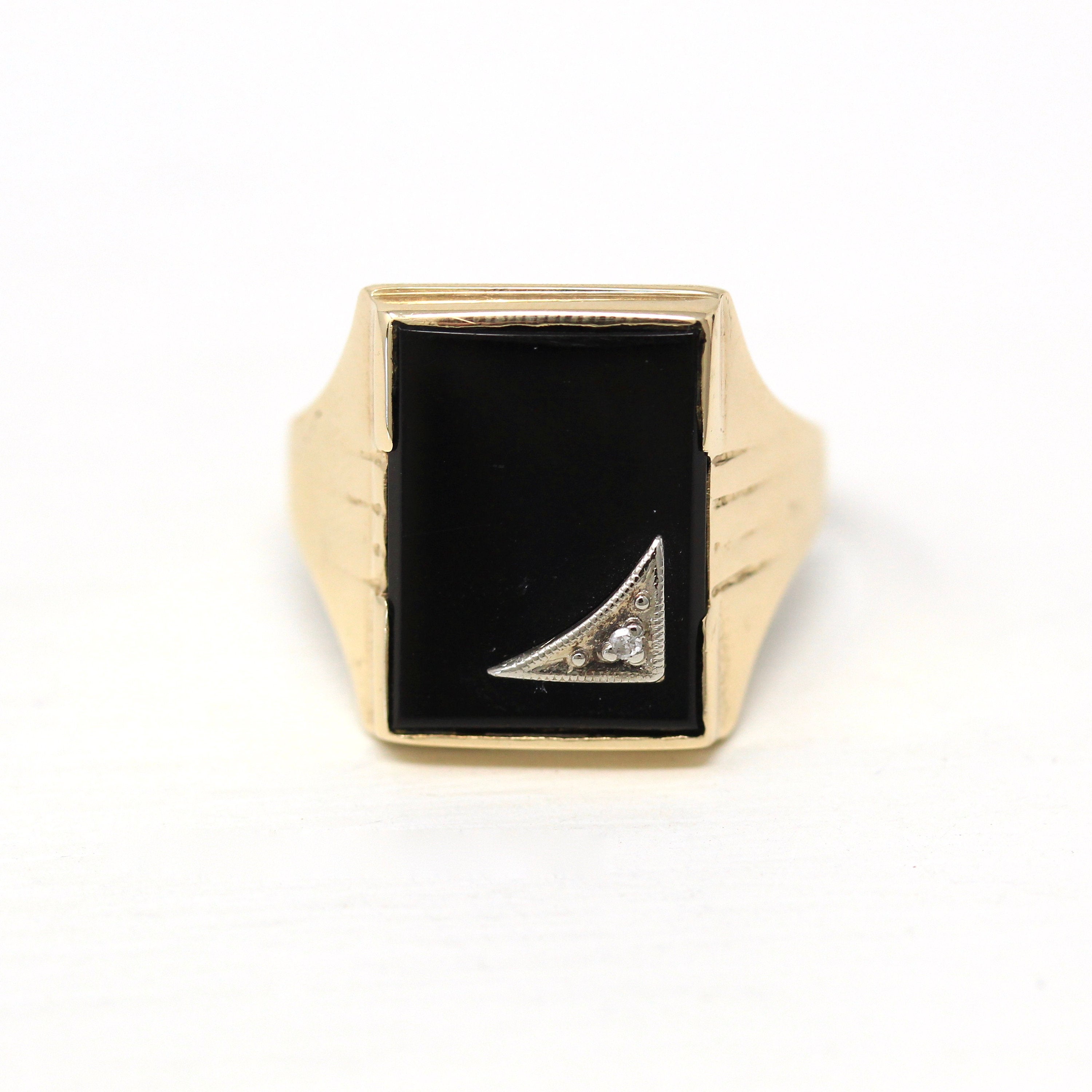 Vintage Onyx Ring - Retro 10k Yellow Gold Genuine Rectangular Black Gem - Circa 1940s Size 8 3/4 Statement Fine Dason Davidson Sons Jewelry