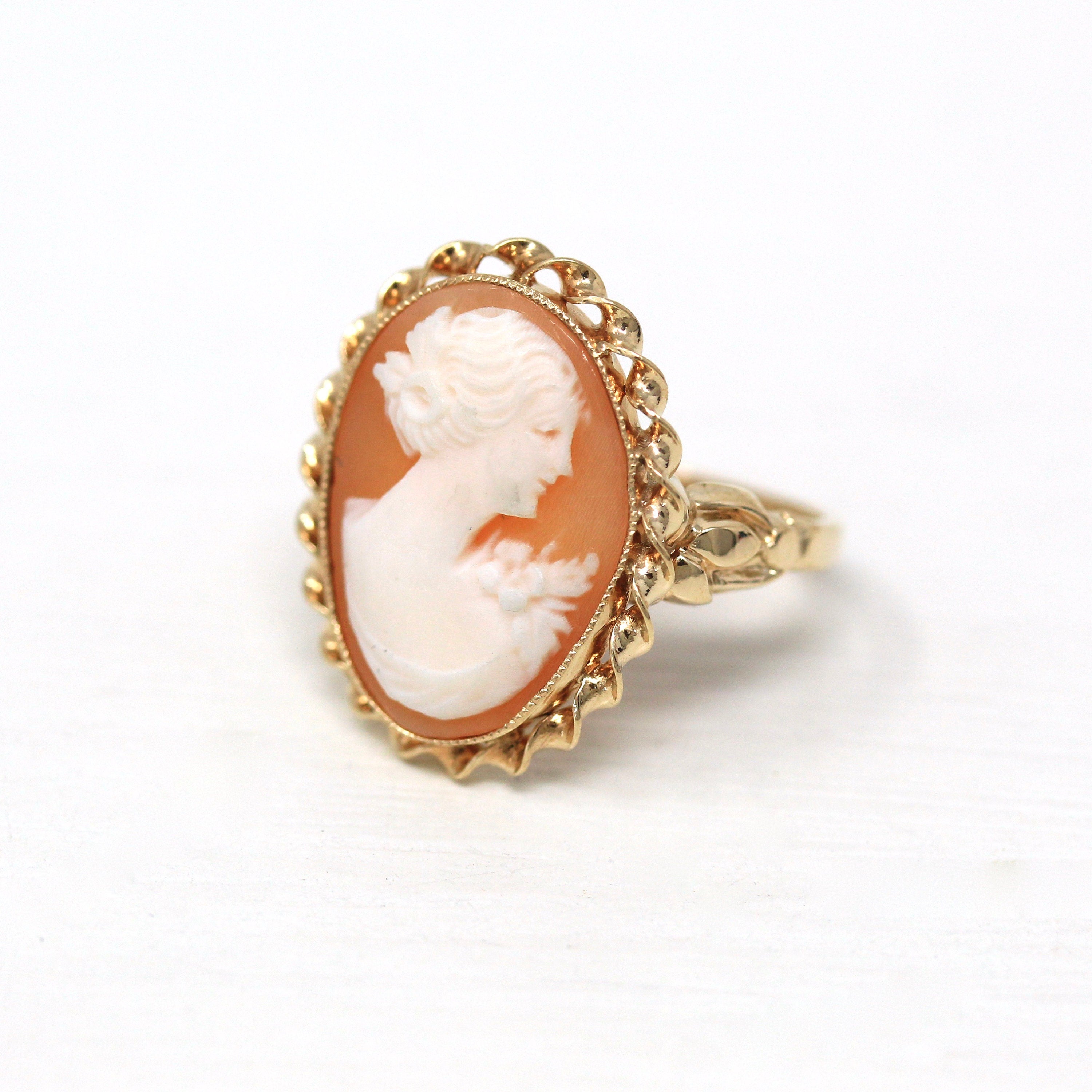 Vintage Cameo Ring - Retro 10k Yellow Gold Carved Shell Woman's Profile Silhouette - Circa 1940s Era Size 4 3/4 Statement Oval Fine Jewelry