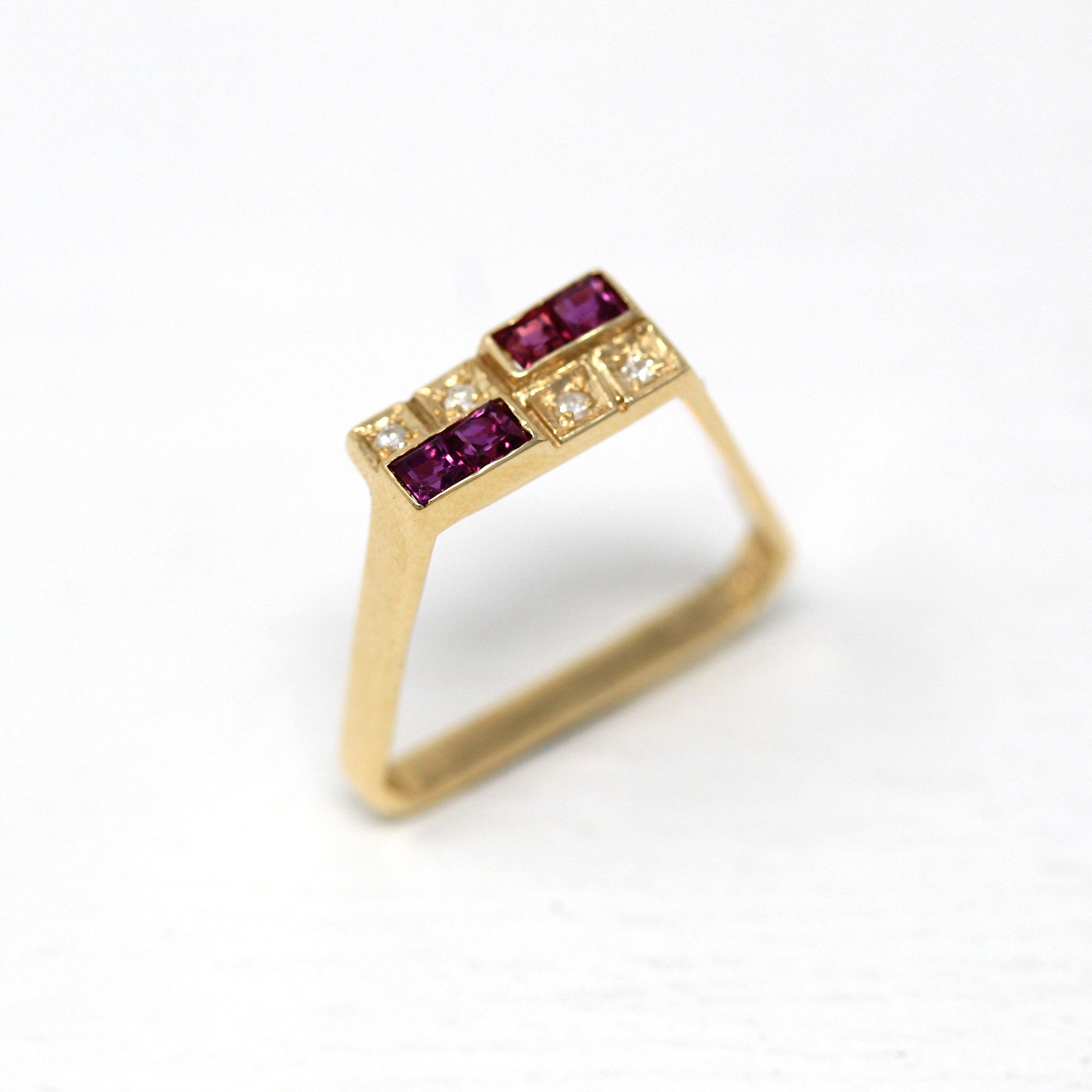 Estate Geometric Ring - 14k Yellow Created Ruby & Genuine Diamond Gemstones - Circa 1990s Era Modernist Style Dainty Size 6.75 Fine Jewelry