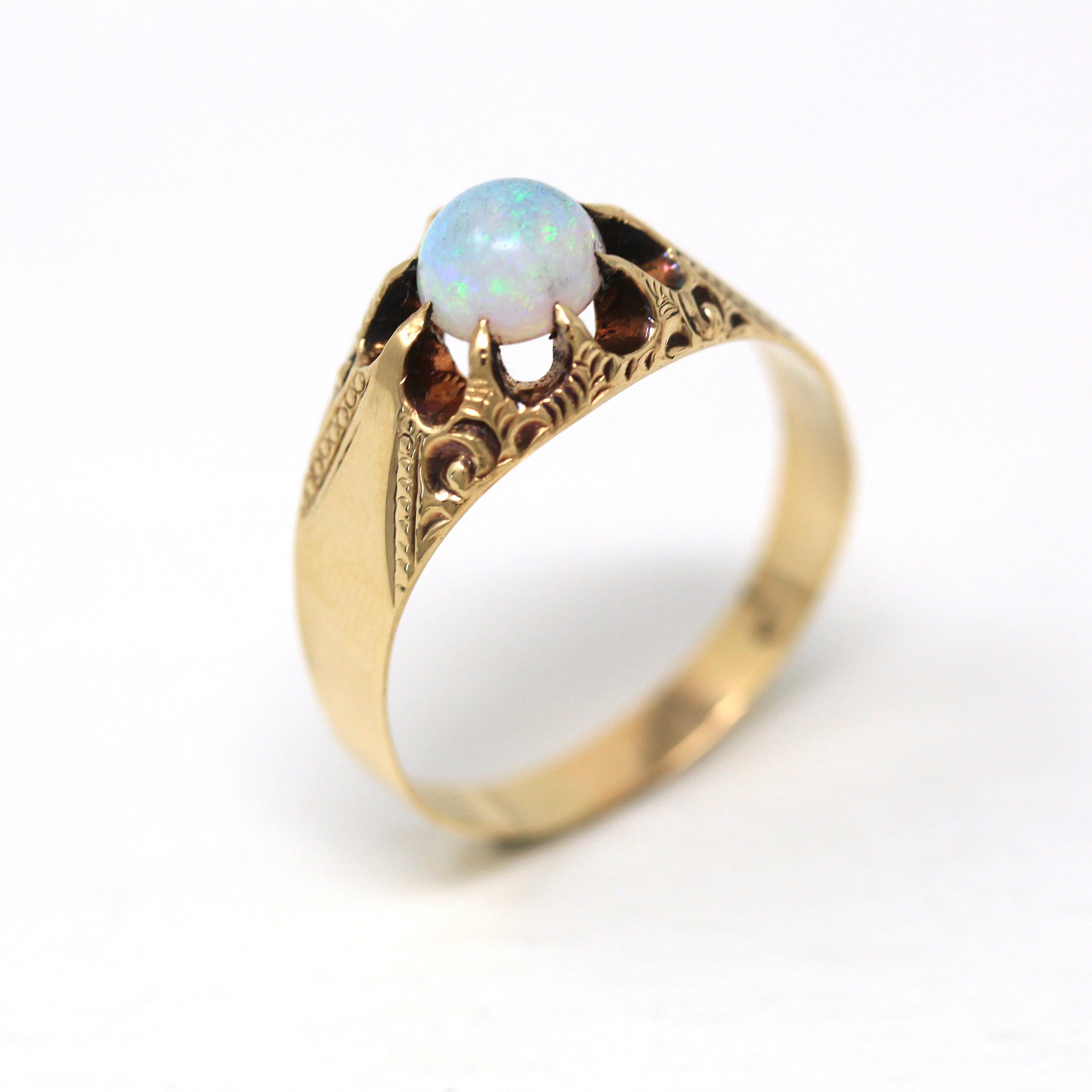 Antique Opal Ring - Edwardian Era 10k Gold Genuine Cabochon Cut 1.08 Ct Gem - Vintage Circa 1900s Era Size 11 3/4 Statement Fine Jewelry