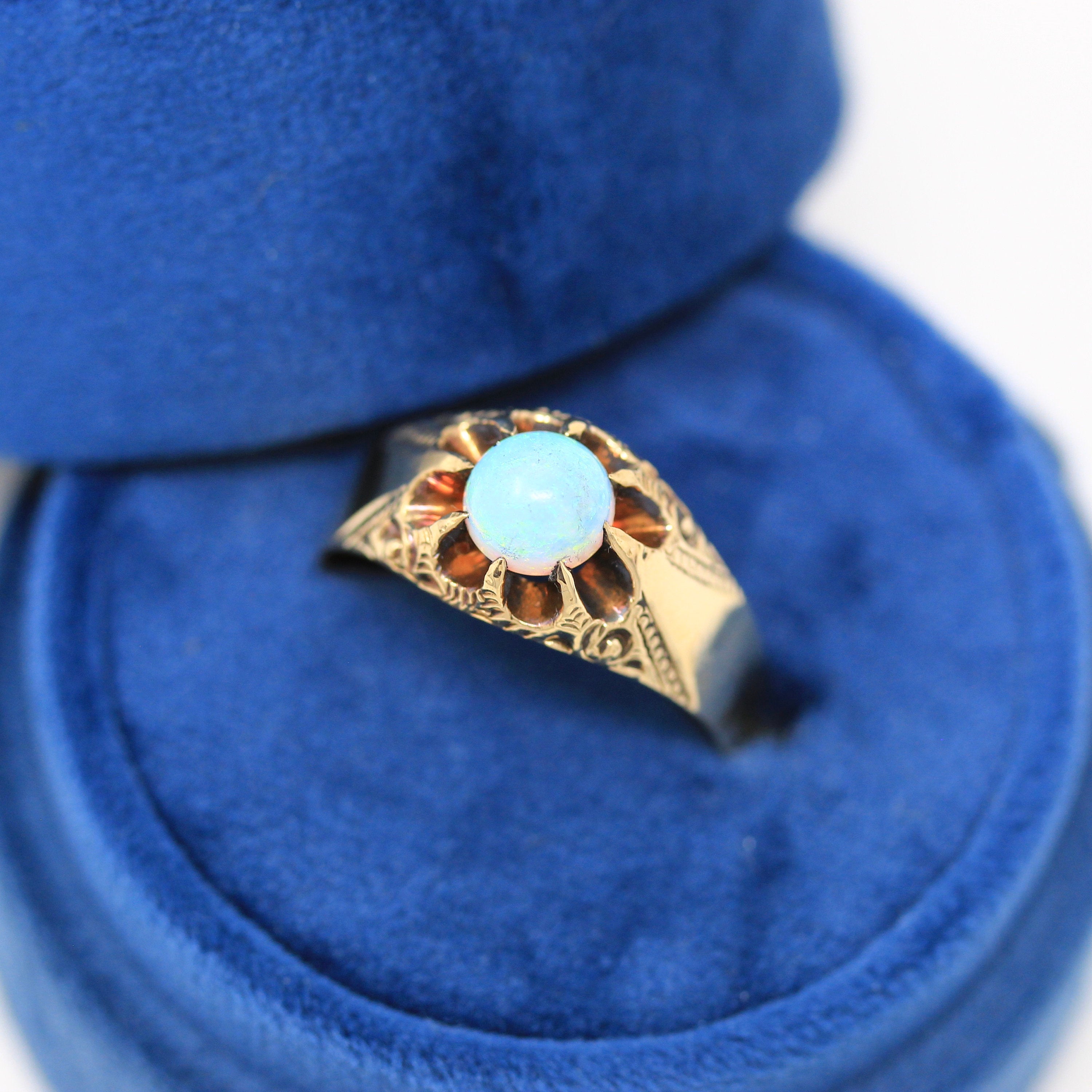 Antique Opal Ring - Edwardian Era 10k Gold Genuine Cabochon Cut 1.08 Ct Gem - Vintage Circa 1900s Era Size 11 3/4 Statement Fine Jewelry