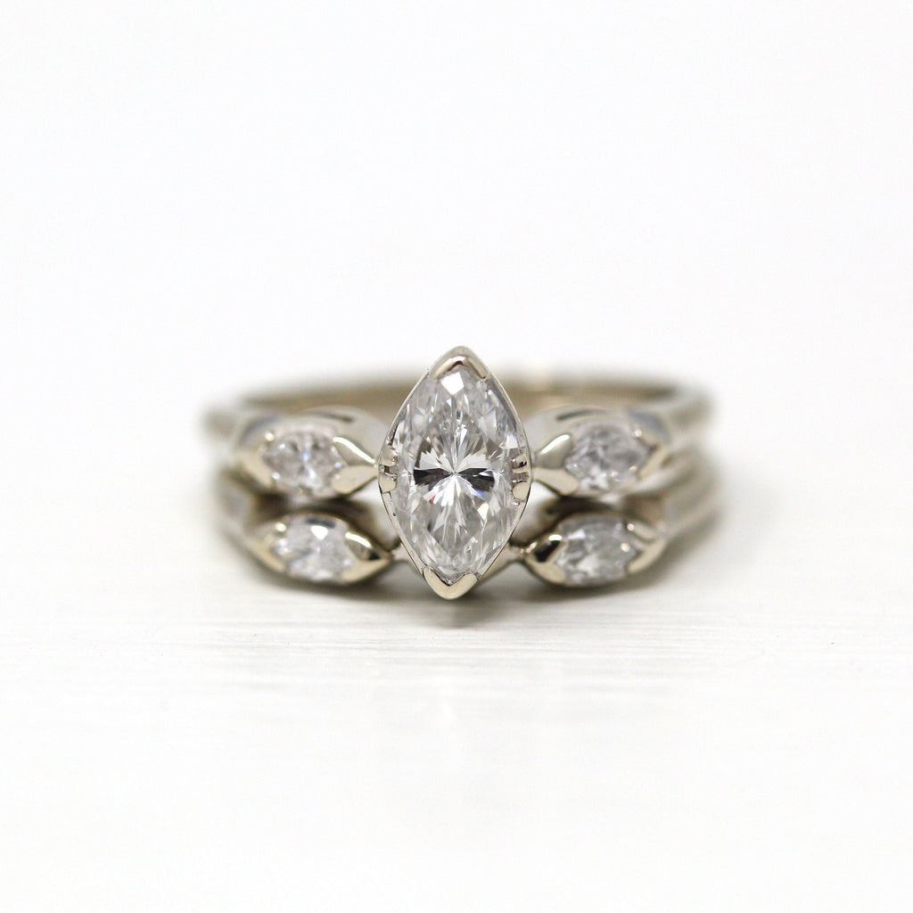 Vintage Wedding Set - Mid Century Era 14k White Gold .63 CT Diamond Gemstone Ring Band - Circa 1950s Size 5 Classic Bridal Jewelry W/ Report
