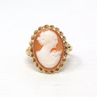 Vintage Cameo Ring - Retro 10k Yellow Gold Carved Shell Woman's Profile Silhouette - Circa 1940s Era Size 4 3/4 Statement Oval Fine Jewelry