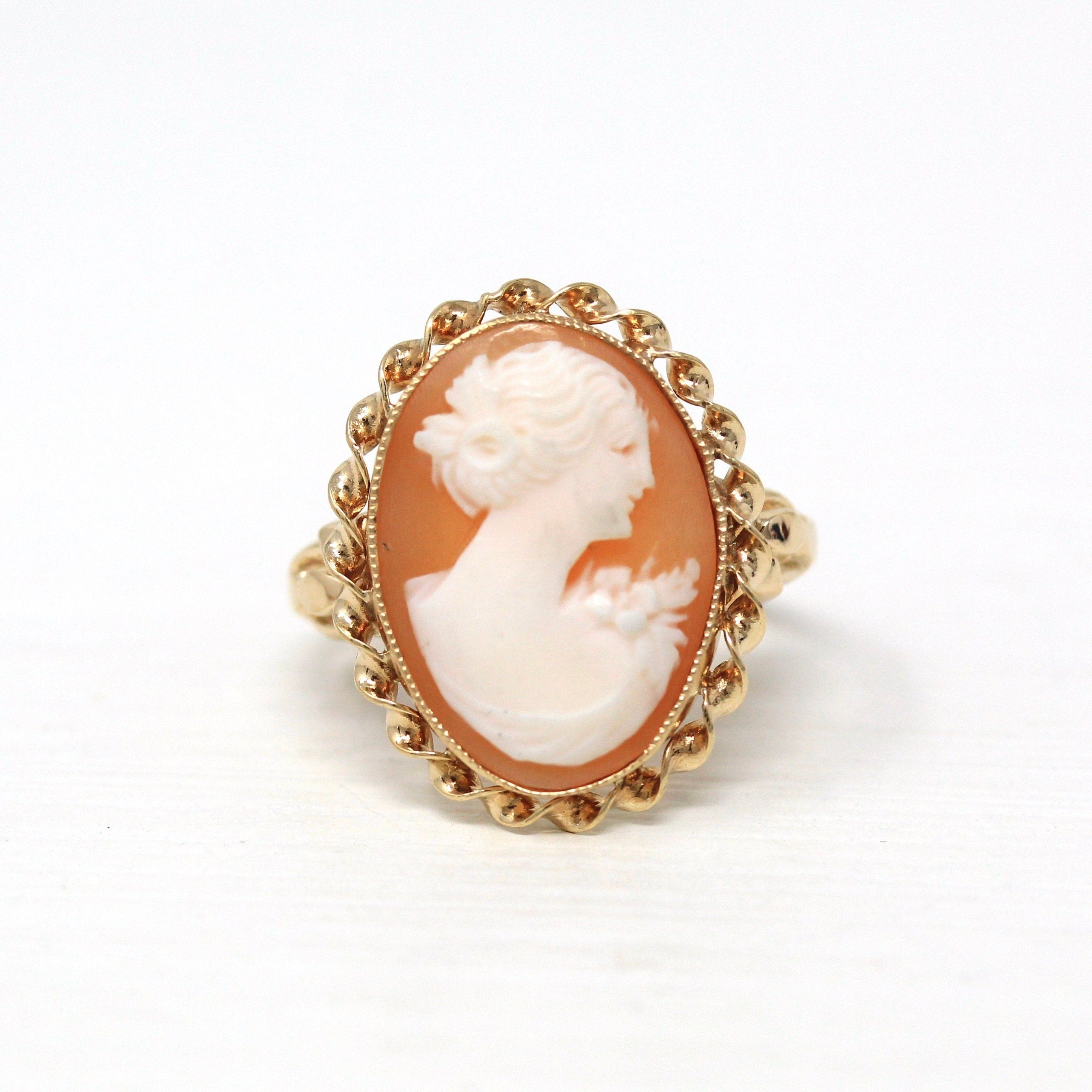 Vintage Cameo Ring - Retro 10k Yellow Gold Carved Shell Woman's Profile Silhouette - Circa 1940s Era Size 4 3/4 Statement Oval Fine Jewelry