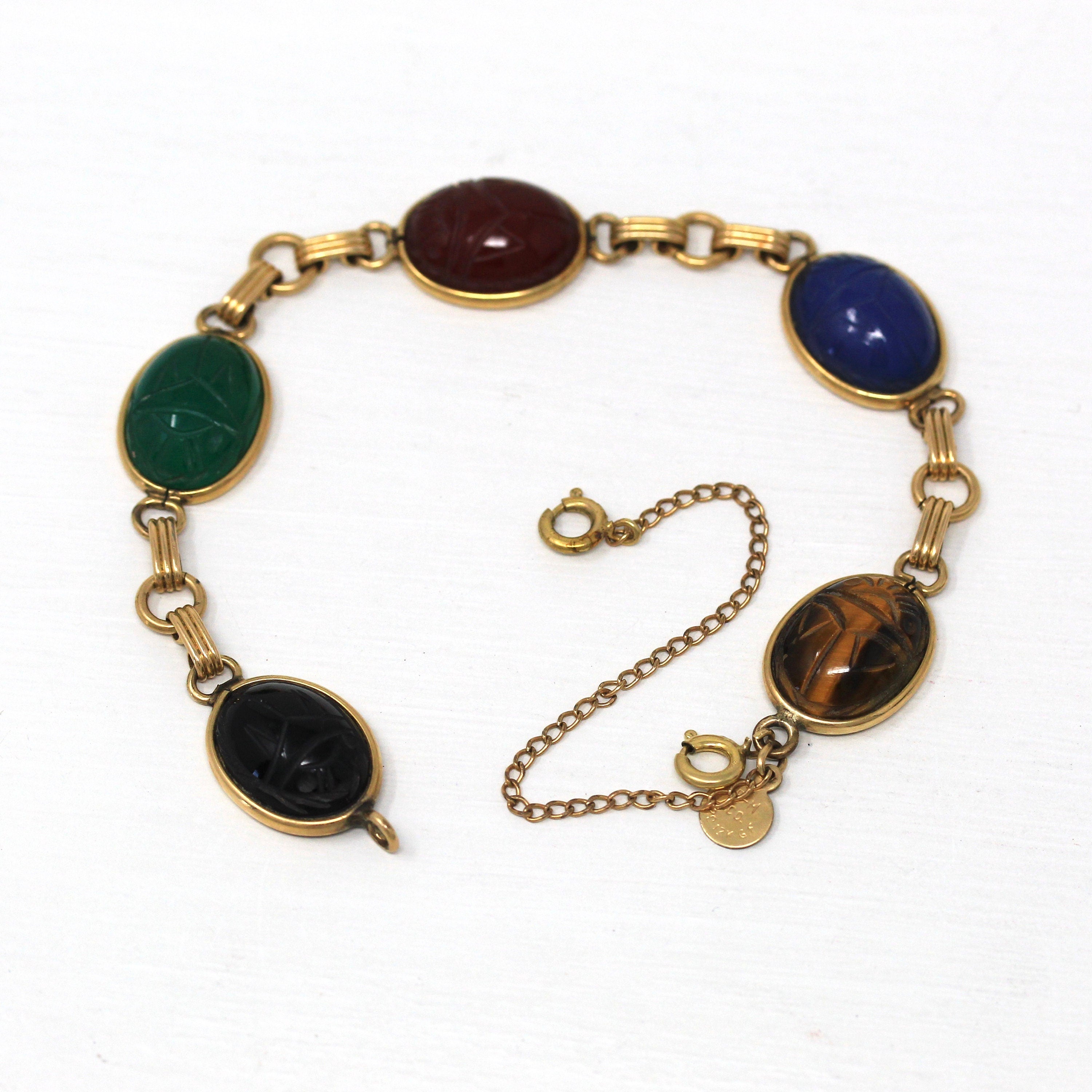 Vintage Scarab Bracelet - Retro 12k Yellow Gold Filled Carved Genuine Gemstones - Circa 1960s Era Egyptian Revival Onyx Carnelian Jewelry