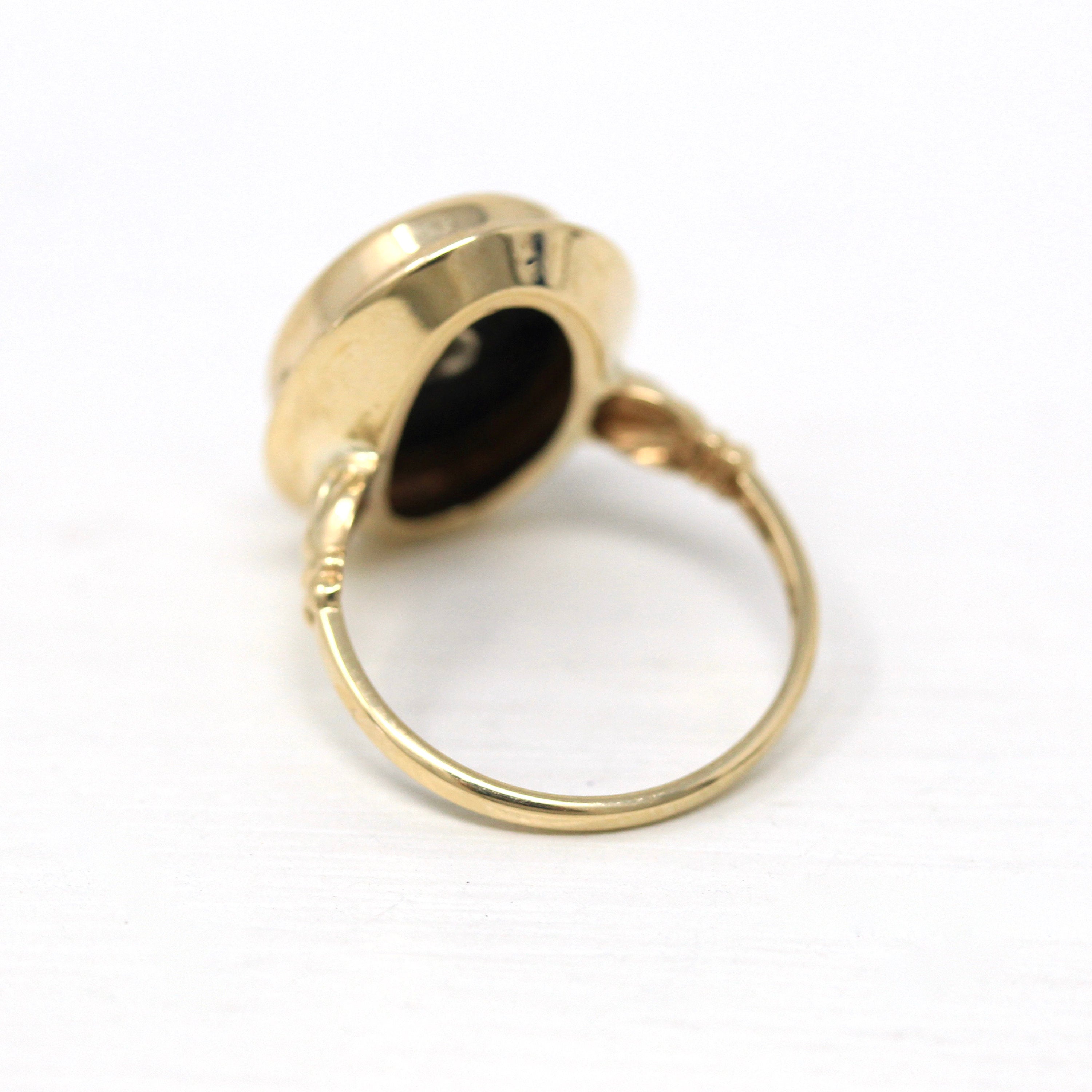 Onyx & Diamond Ring - Retro 10k Yellow Gold Cabochon Cut Genuine Black Gemstone - Vintage Circa 1960s Size 6.25 Statement Esemco 60s Jewelry