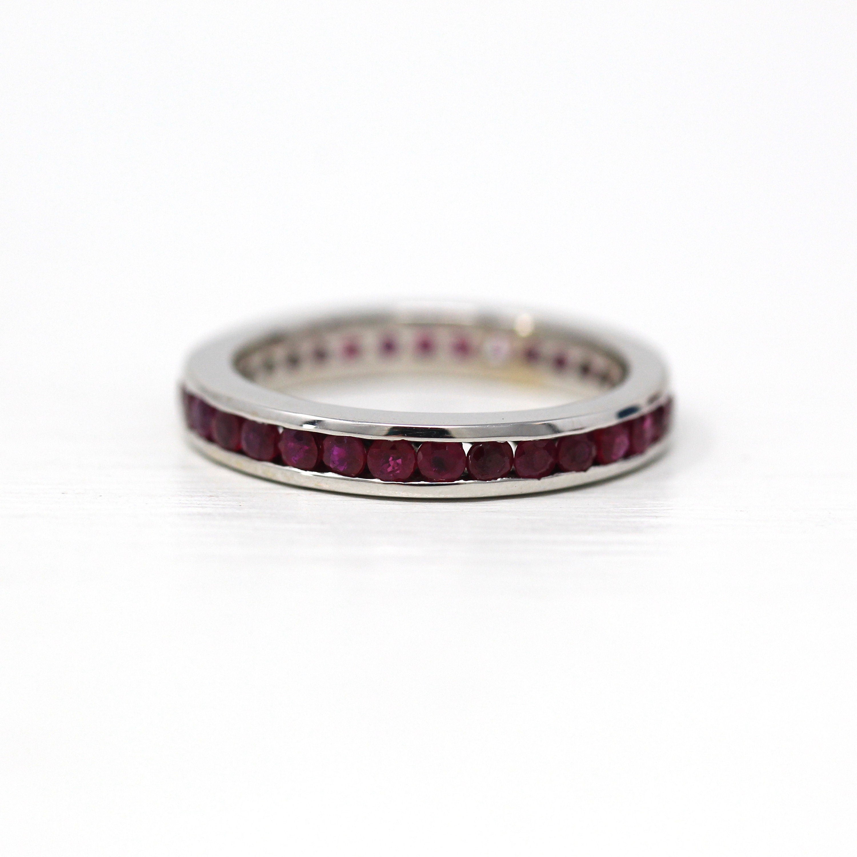 Ruby Eternity Band - 14k White Gold Genuine Red Gemstone Eternity Stacking Ring - Size 7.25 Modern Estate Bridal Wedding Fine July Jewelry