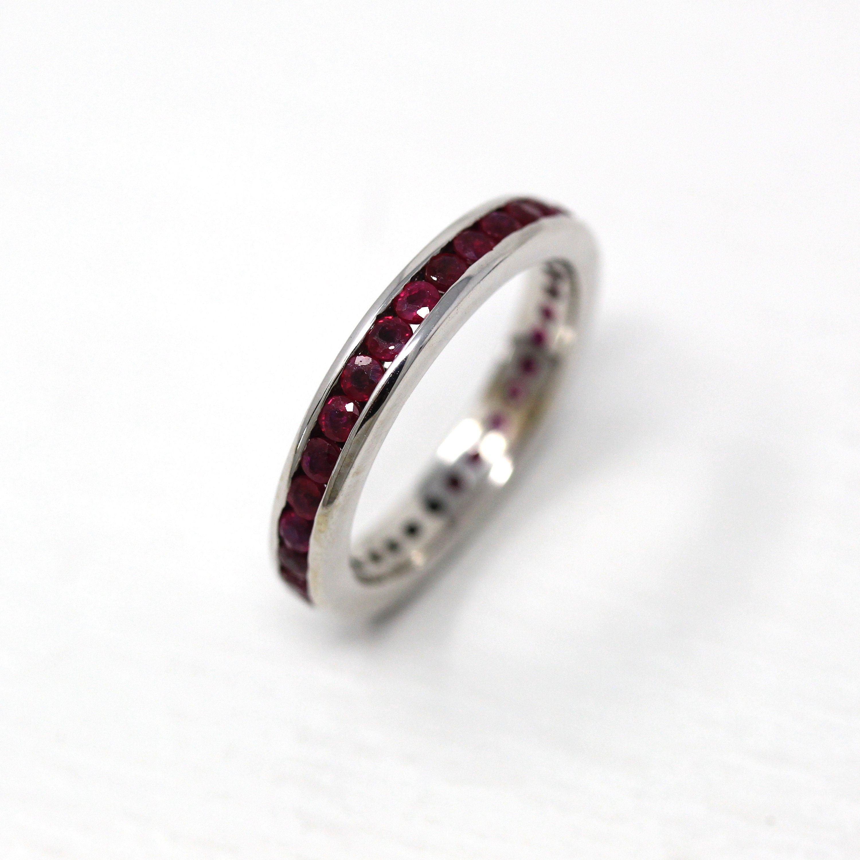 Ruby Eternity Band - 14k White Gold Genuine Red Gemstone Eternity Stacking Ring - Size 7.25 Modern Estate Bridal Wedding Fine July Jewelry