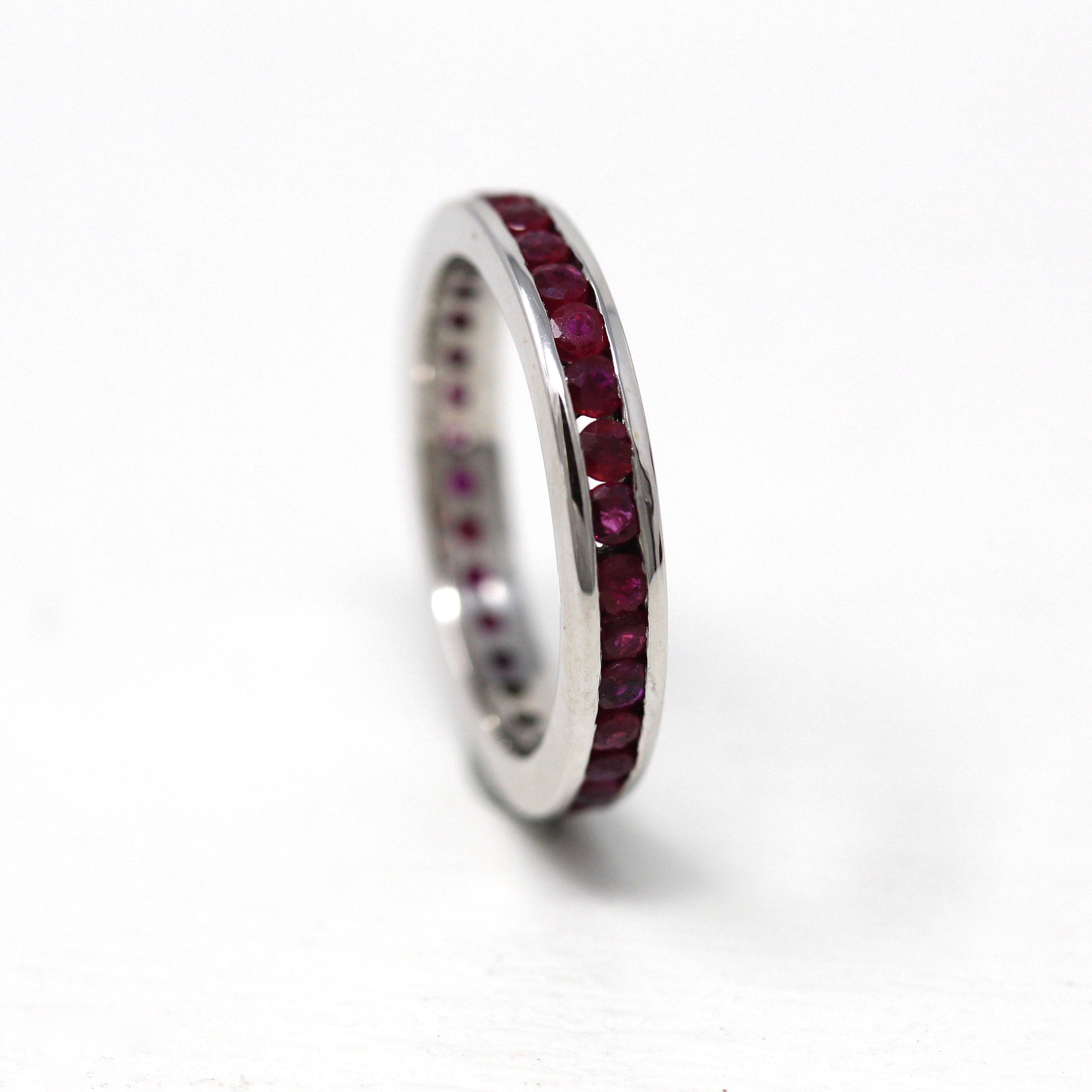 Ruby Eternity Band - 14k White Gold Genuine Red Gemstone Eternity Stacking Ring - Size 7.25 Modern Estate Bridal Wedding Fine July Jewelry