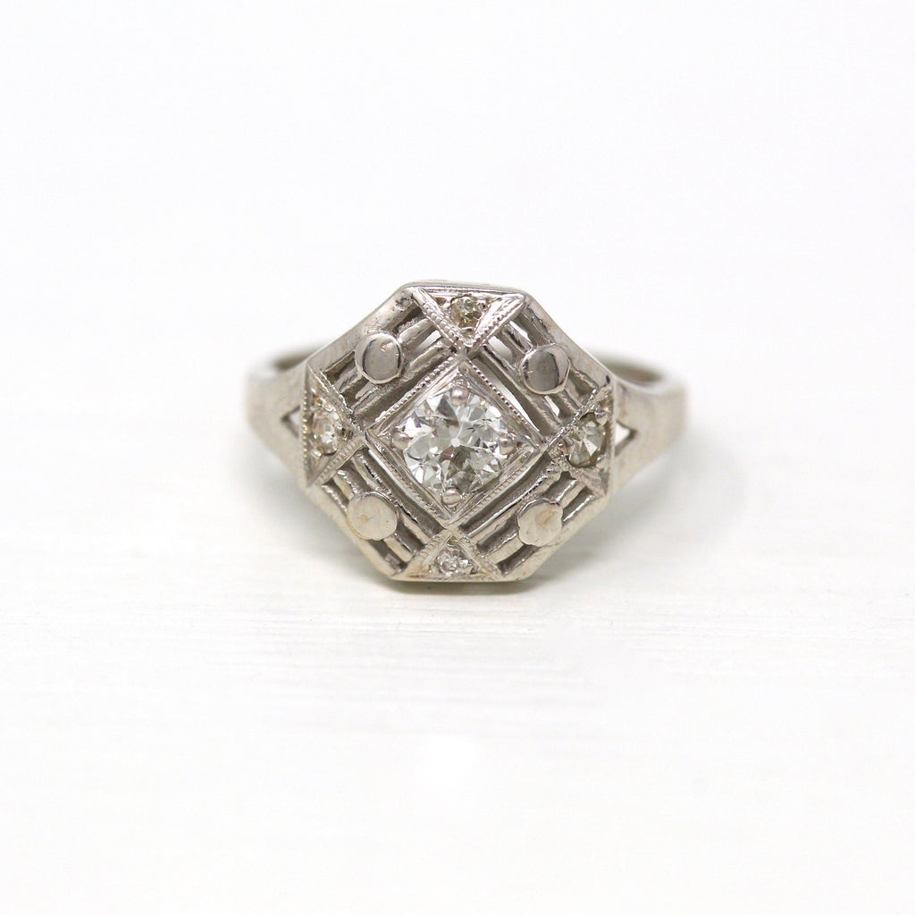 Vintage Engagement Ring - Art Deco Era 14k White Gold Old European Cut .33 CTW Diamond Statement - 1930s Size 3 1/4 Bridal 30s Fine Jewelry