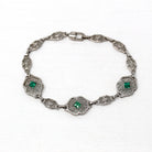 Art Deco Bracelet - Antique 14k White Gold Filigree Simulated Emerald Glass Stones - Vintage 1920s Era Fine Bridal Wedding 7 Inch Jewelry